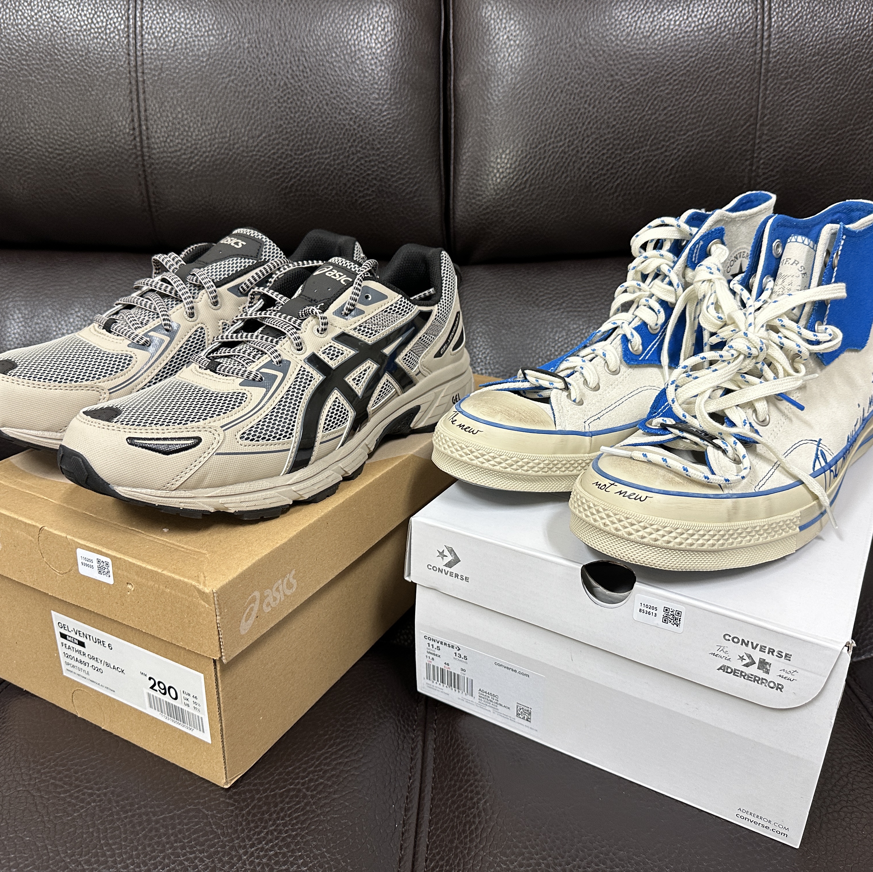 Asics Gel-Venture 6 Feather Grey Black, Converse x Ader Error Chuck 70 High White 착용 스타일