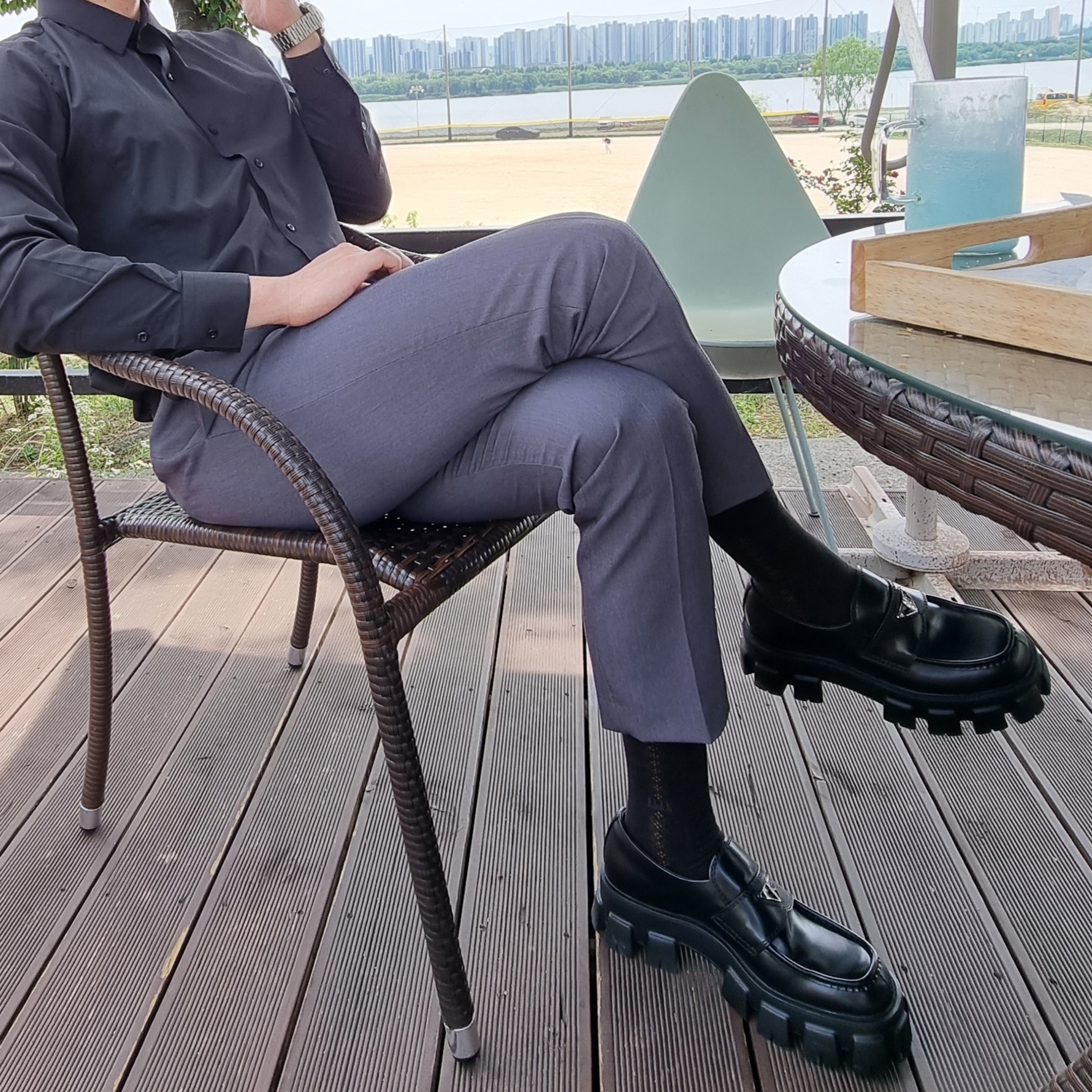 Prada Monolith Brushed Leather Loafers Black 착용 스타일 - 3