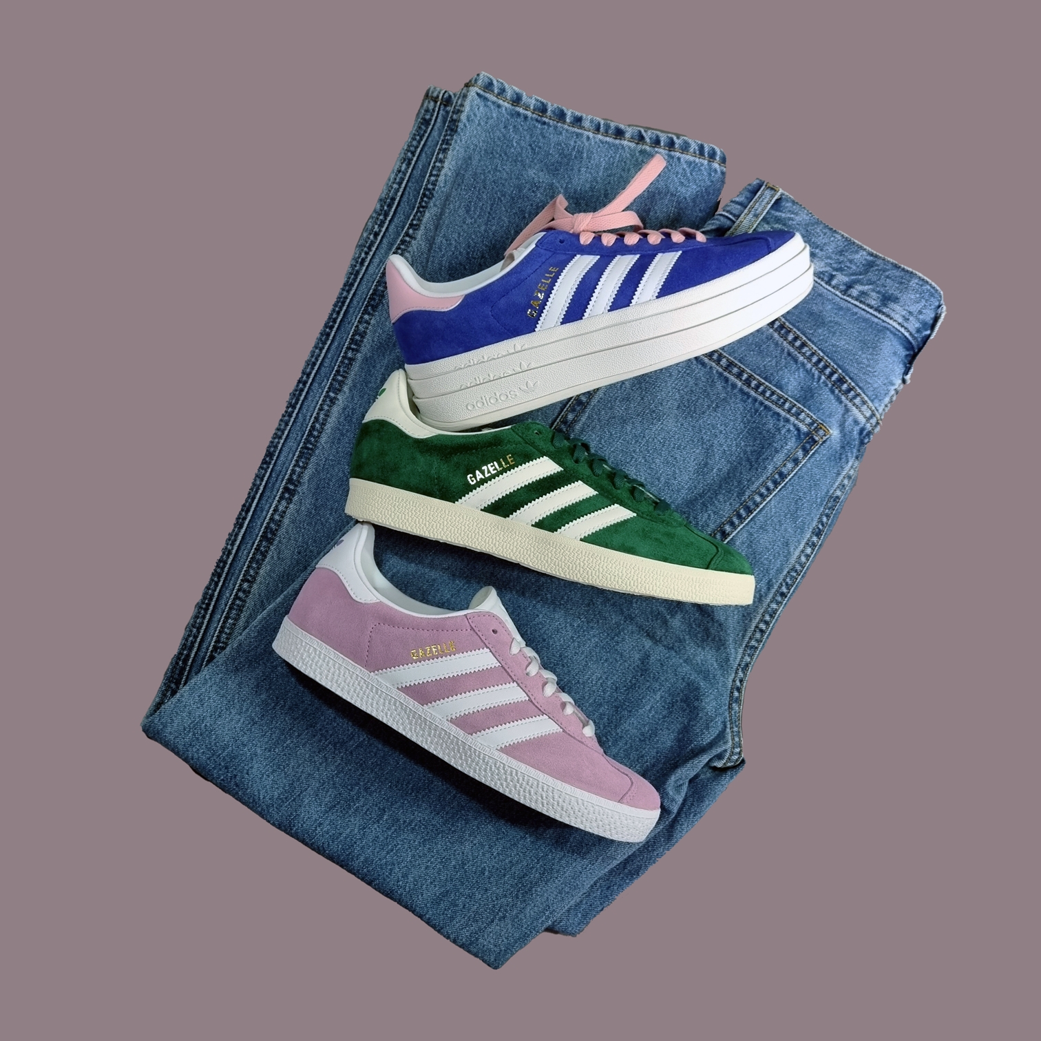 (W) Adidas Gazelle Bold Blue Pink, Adidas Gazelle Dark Green Cream White 착용 스타일