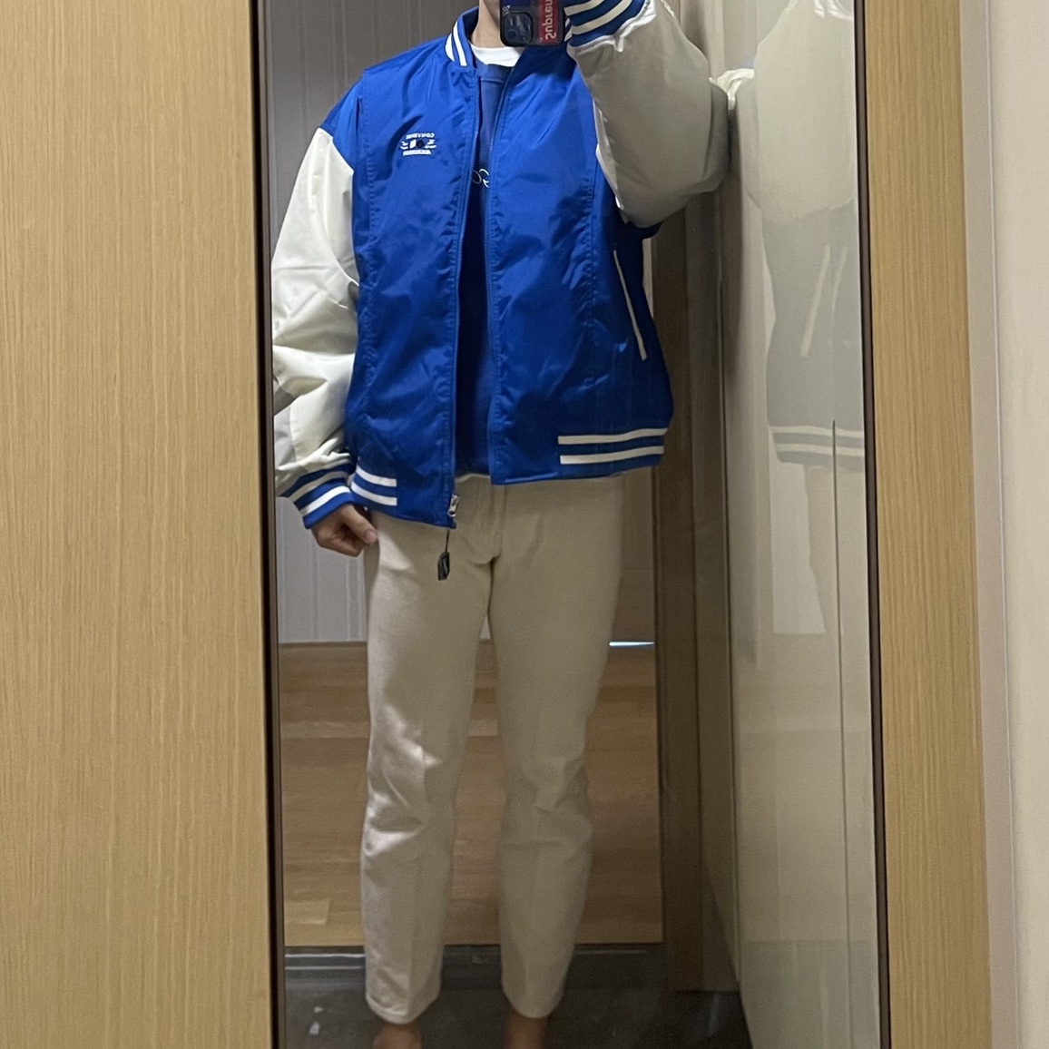 Converse x Ader Error Shapes Varsity Jacket Cobalt 착용 스타일