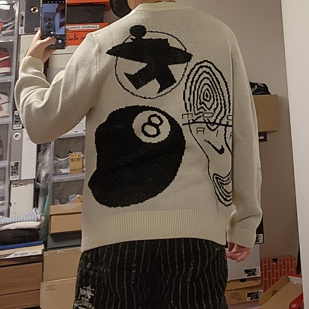 Nike x Stussy NRG LS Knit Sweater Fossil (DR2894-238), Nike x Stussy NRG Striped Wool Pants Black (DR4021-010) 착용 스타일 - 4