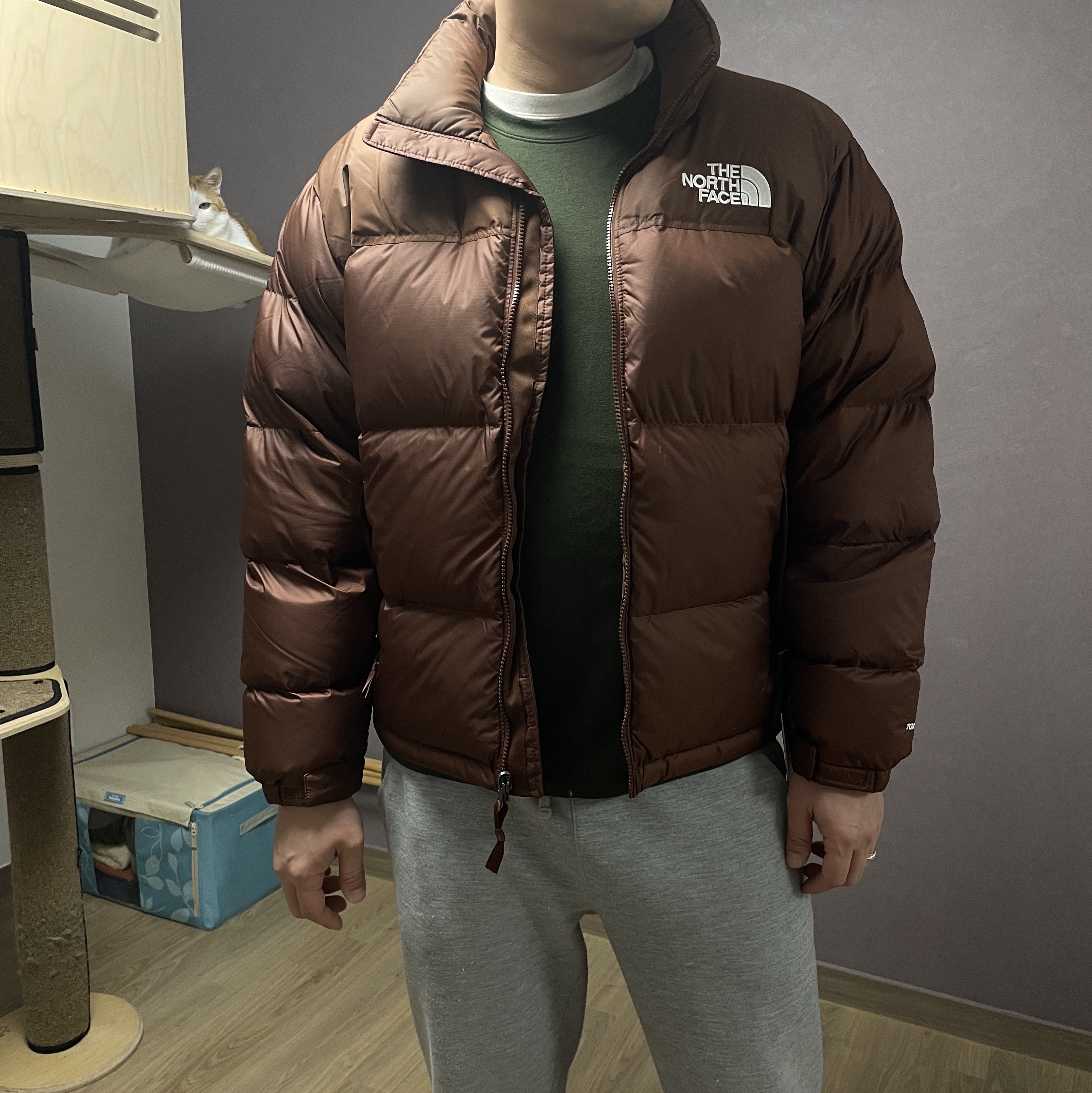 The North Face 1996 Retro Nuptse Jacket Dark Oak, Essentials The Core Collection Crewneck Sweatshirt Dark Oatmeal 착용 스타일 - 2