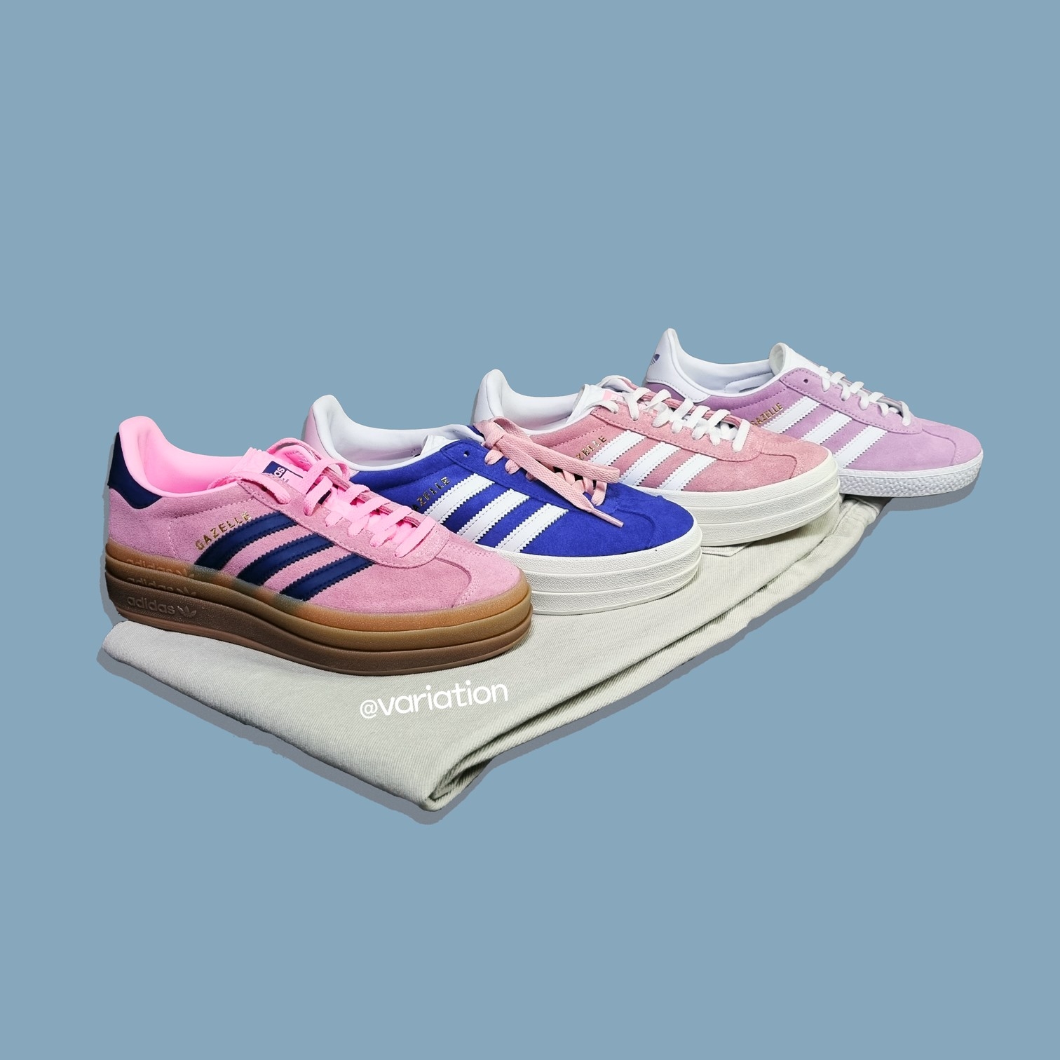 (J) Adidas Gazelle Bliss Lilac, (W) Adidas Gazelle Bold Pink Glow Victory Blue 착용 스타일 - 1