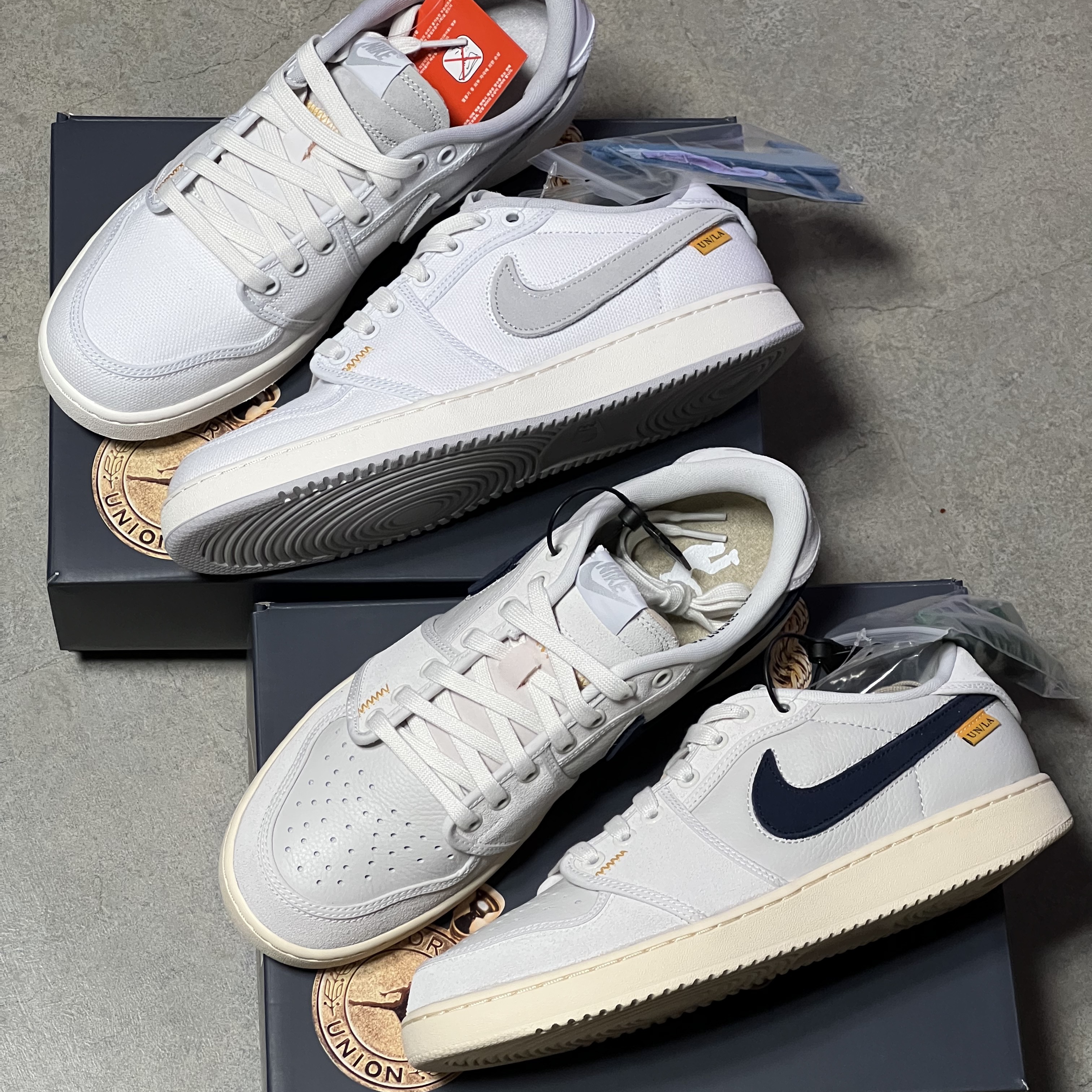 Jordan 1 x Union KO Low White, Jordan 1 x Union KO Low Sail Neutral Grey 착용 스타일