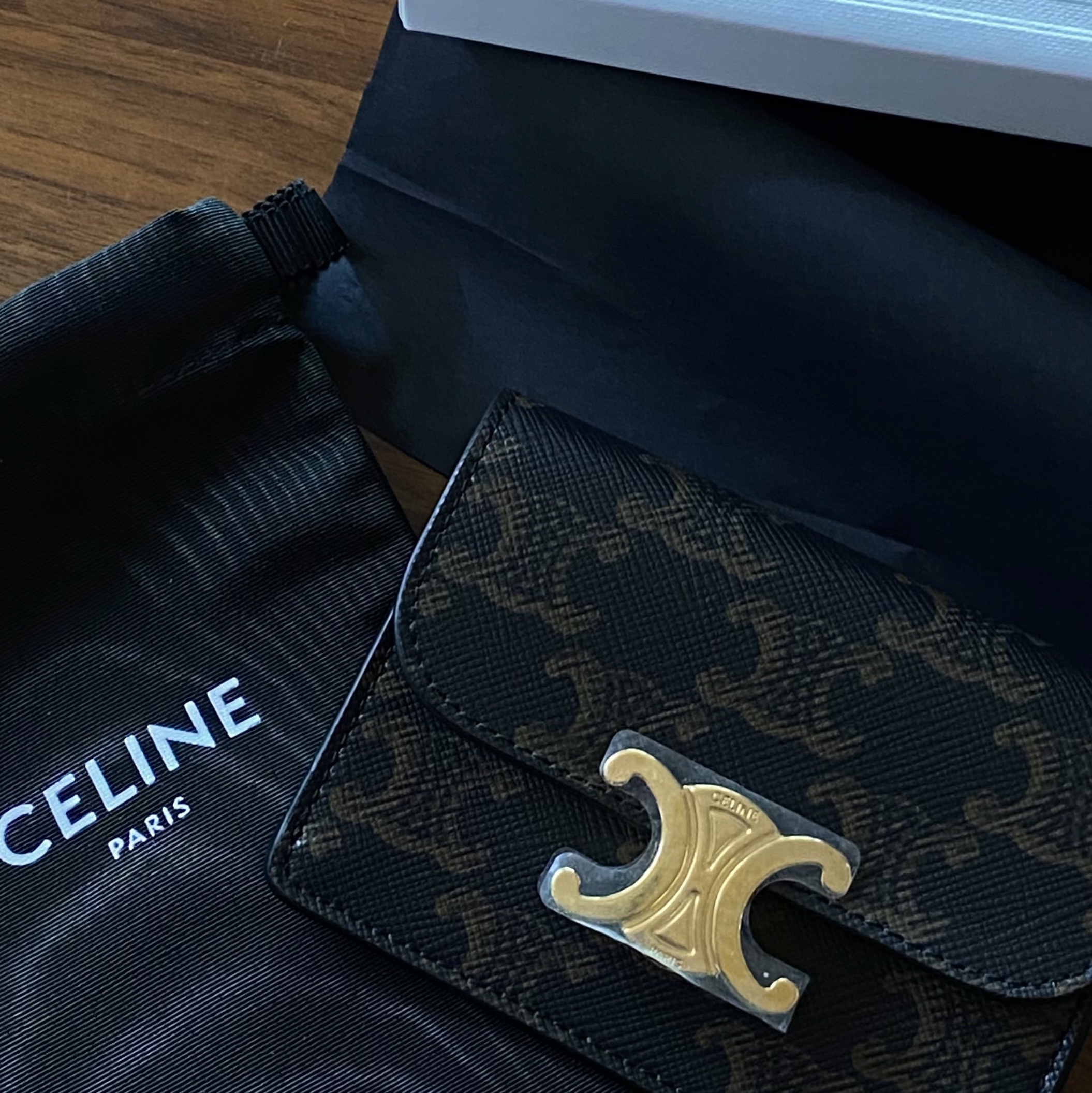 Celine Card Holder with Flap in Triomphe Canvas Tan 착용 스타일