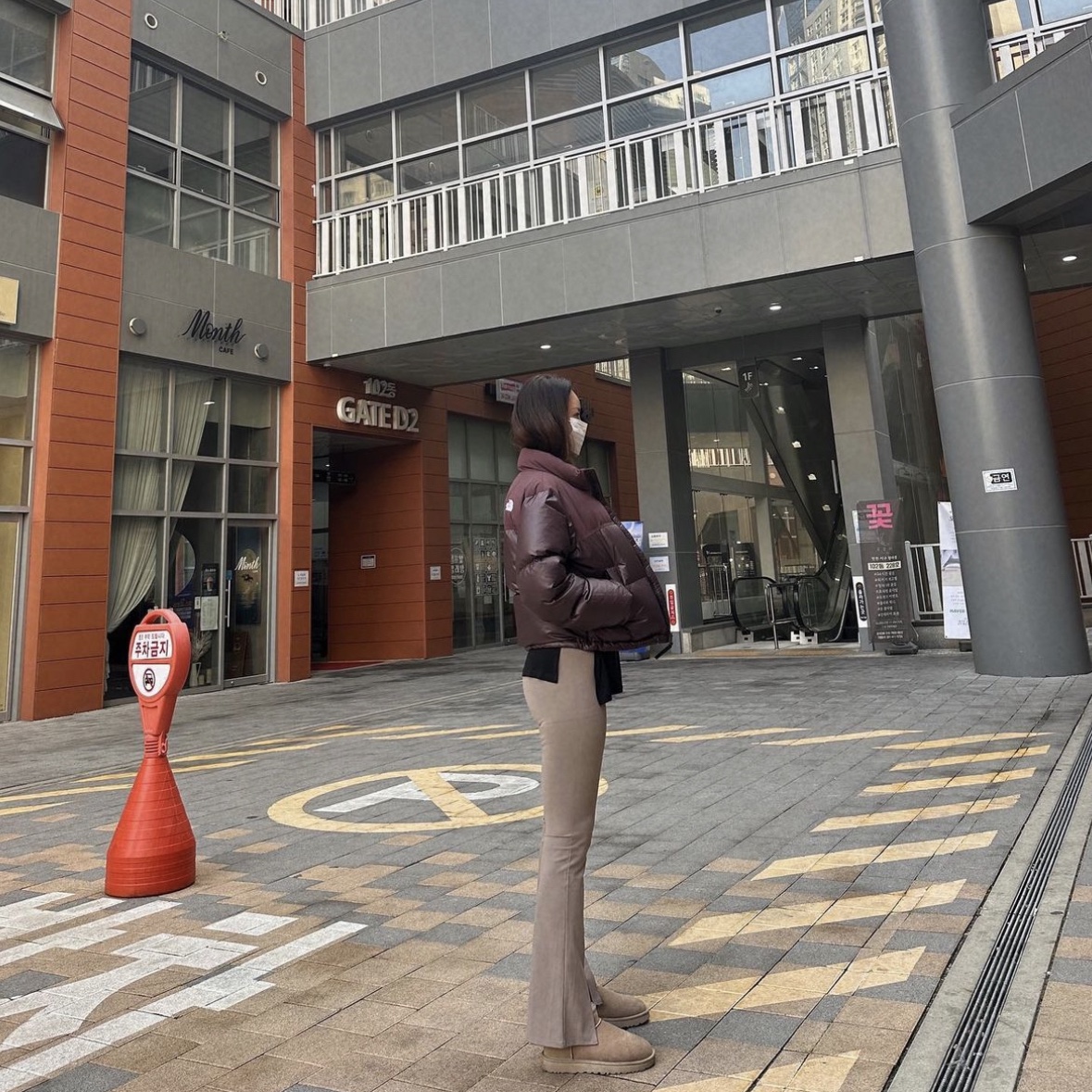(W) The North Face White Label Novelty Nuptse Down Jacket Cocoa Brown 착용 스타일 - 2
