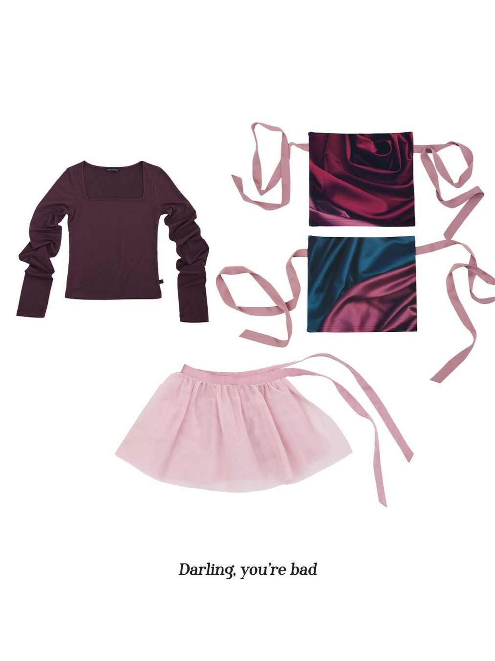 Darling You're Bad Women Mesh Wrap Skirt Satin Shorts Pink Set, Darling You're Bad Women Slim Square Neck T-Shirts Purple Brown 착용 스타일