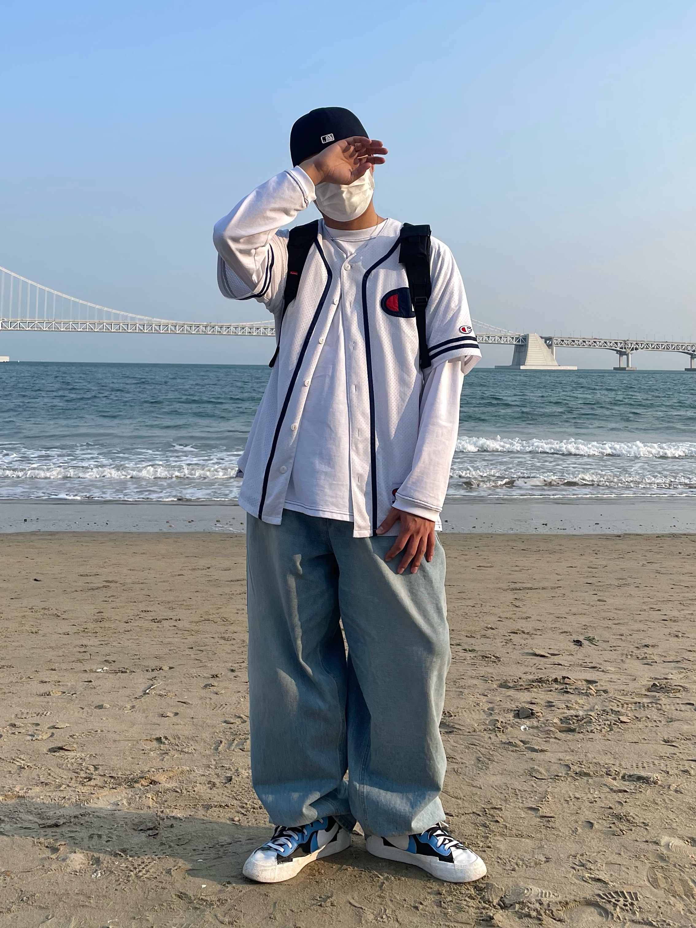 Nike x Sacai Blazer Mid White Black Legend Blue, Supreme Backpack Black - 19FW 착용 스타일 - 1