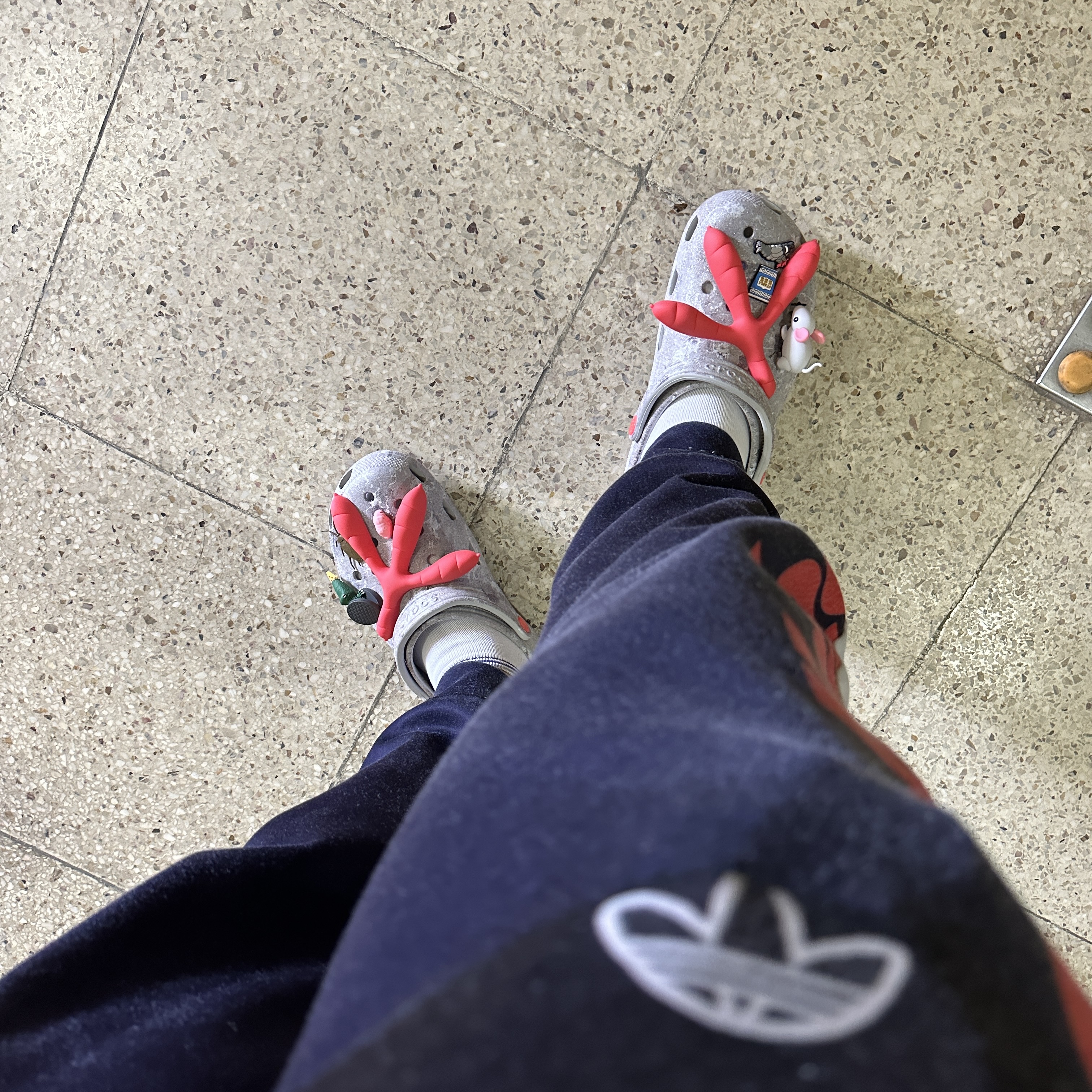 Crocs x Staple Classic Clog Grey Red 착용 스타일