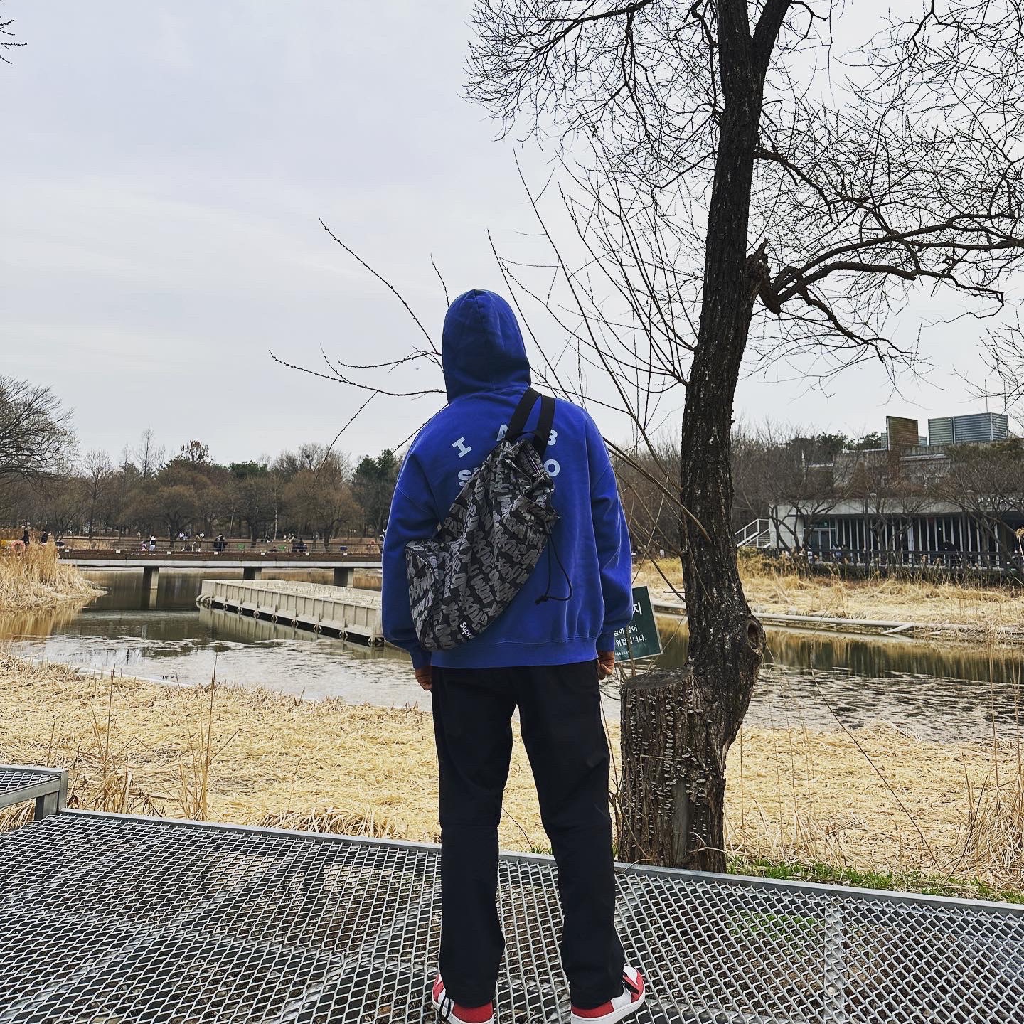 IAB Studio Pigment Hoodie Royal Blue - 22FW, Supreme Fat Tip Jacquard Denim Backpack Black - 22SS 착용 스타일 - 2