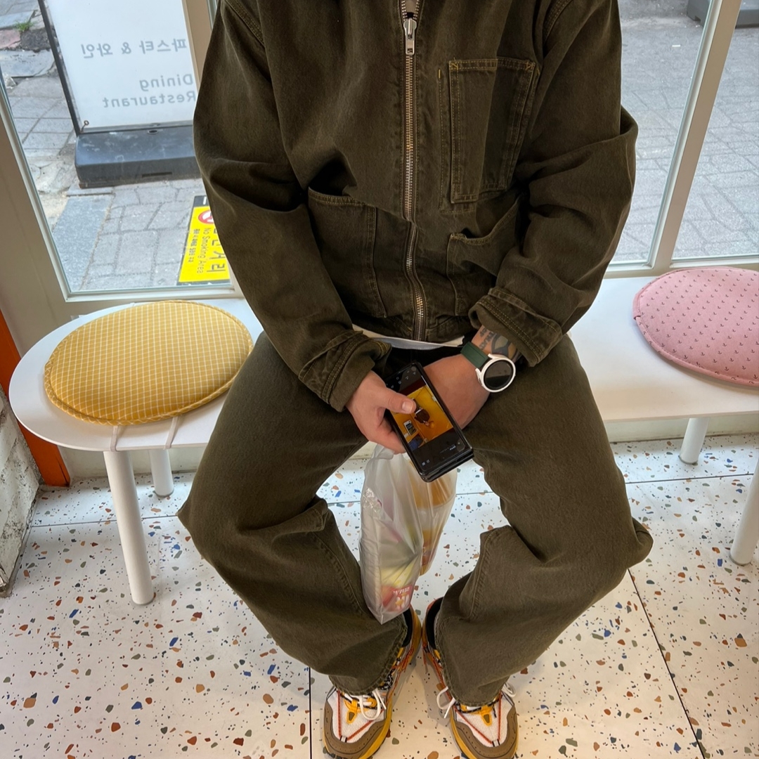 Stussy Denim Zip Work Jacket Olive 착용 스타일