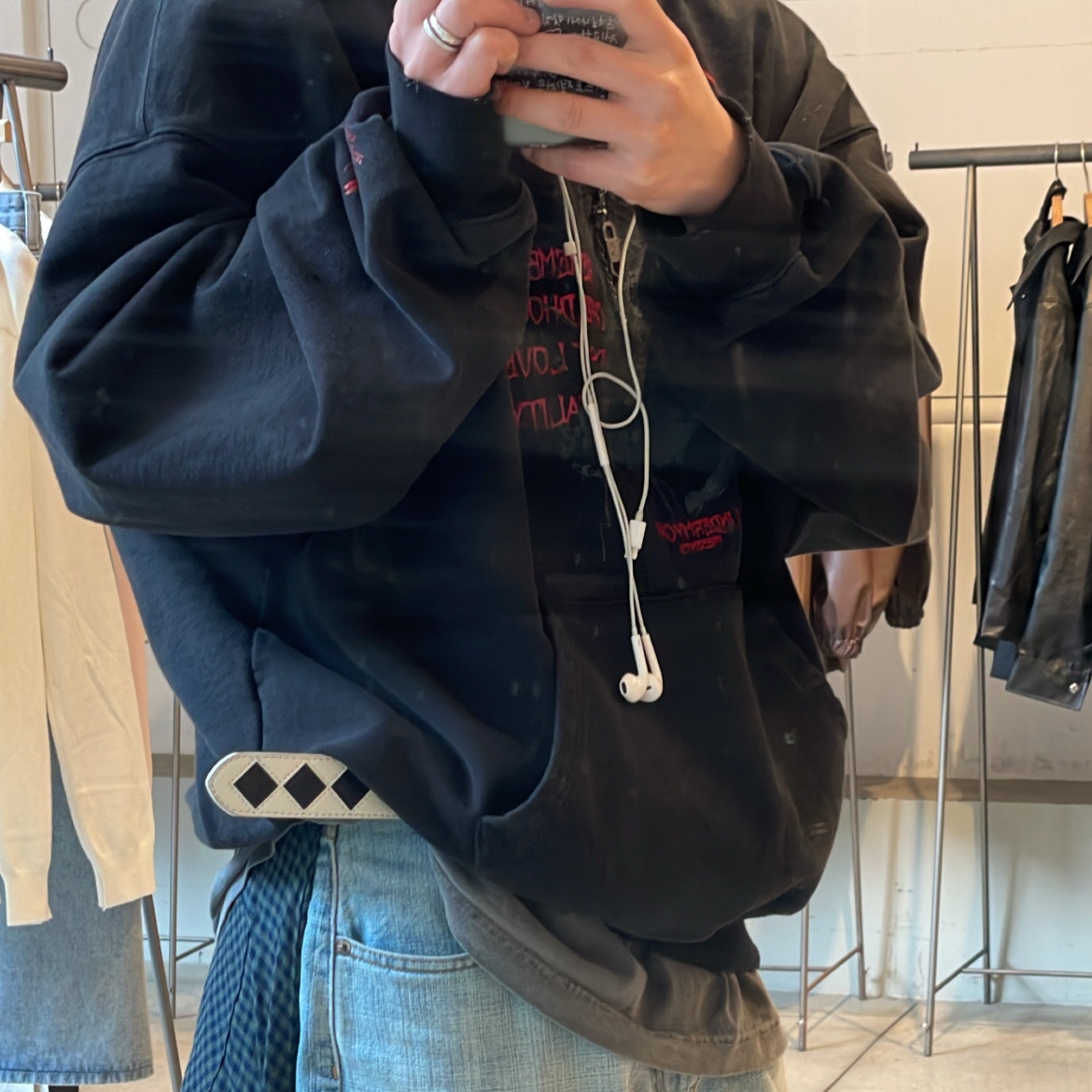 Undermycar Methuselah Syndrome Damage Washed Hood Sudan Red - 23SS, Stussy Argyle Stitch Leather Belt Cream 착용 스타일 - 1