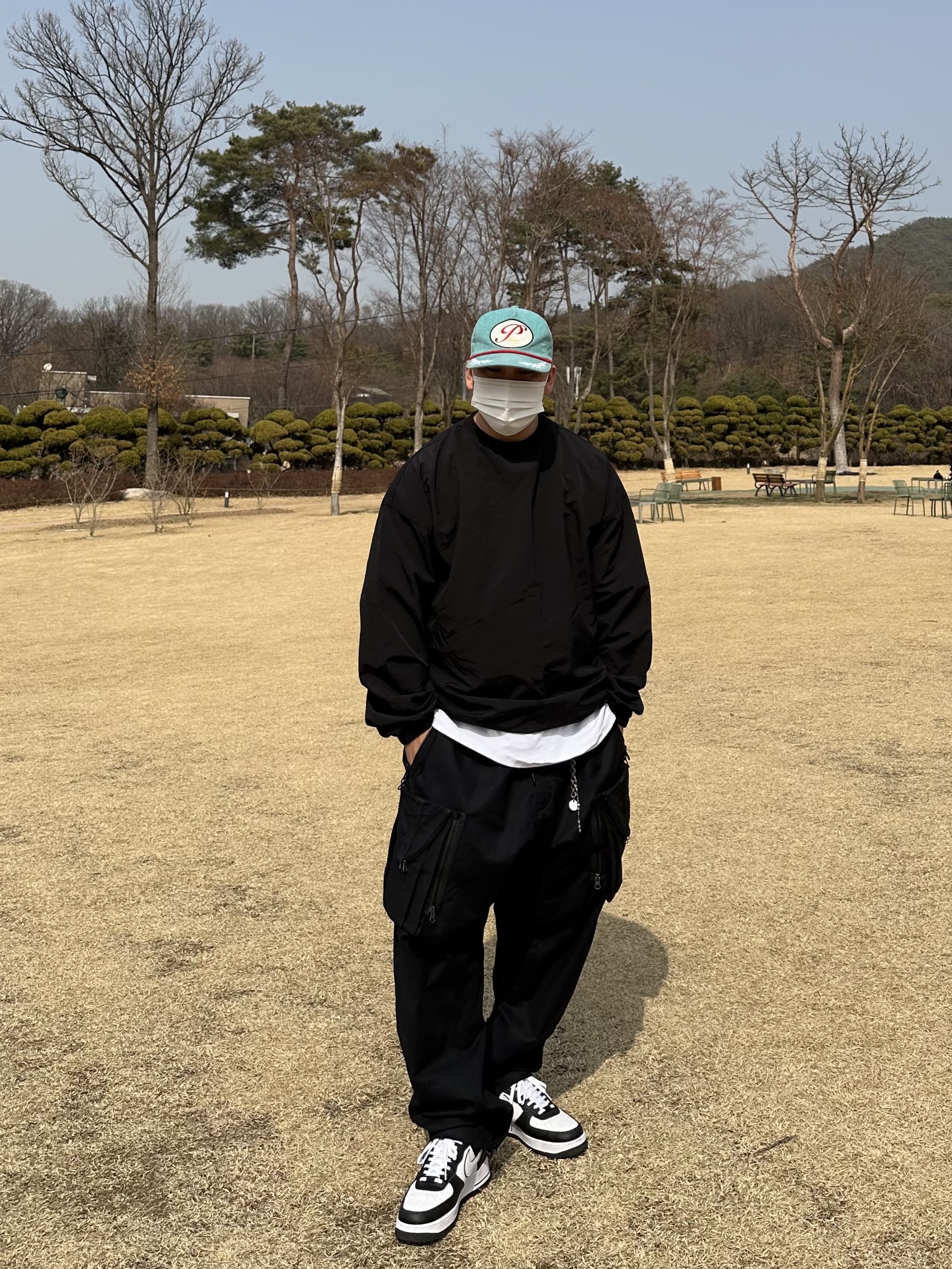 Peaceminusone 5 Panel Ball Cap #2 Mint, Nike ACG Cargo Pants Black 착용 스타일 - 4