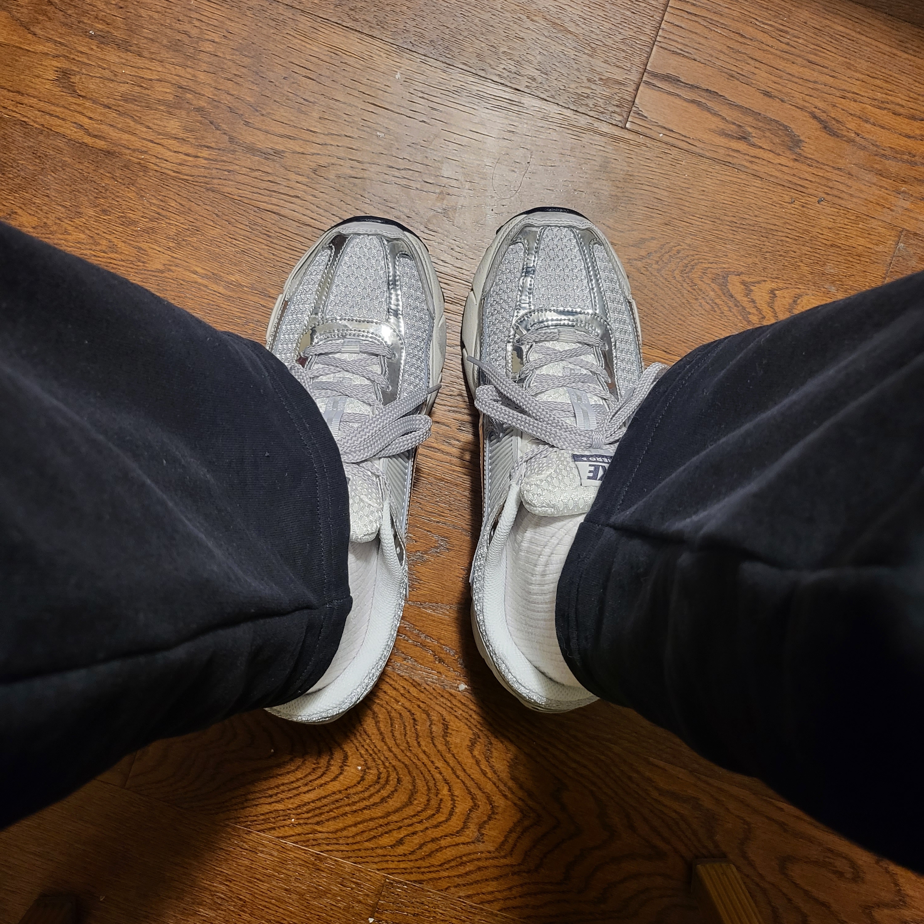 (W) Nike Zoom Vomero 5 Photon Dust and Metallic Silver 착용 스타일 - 1