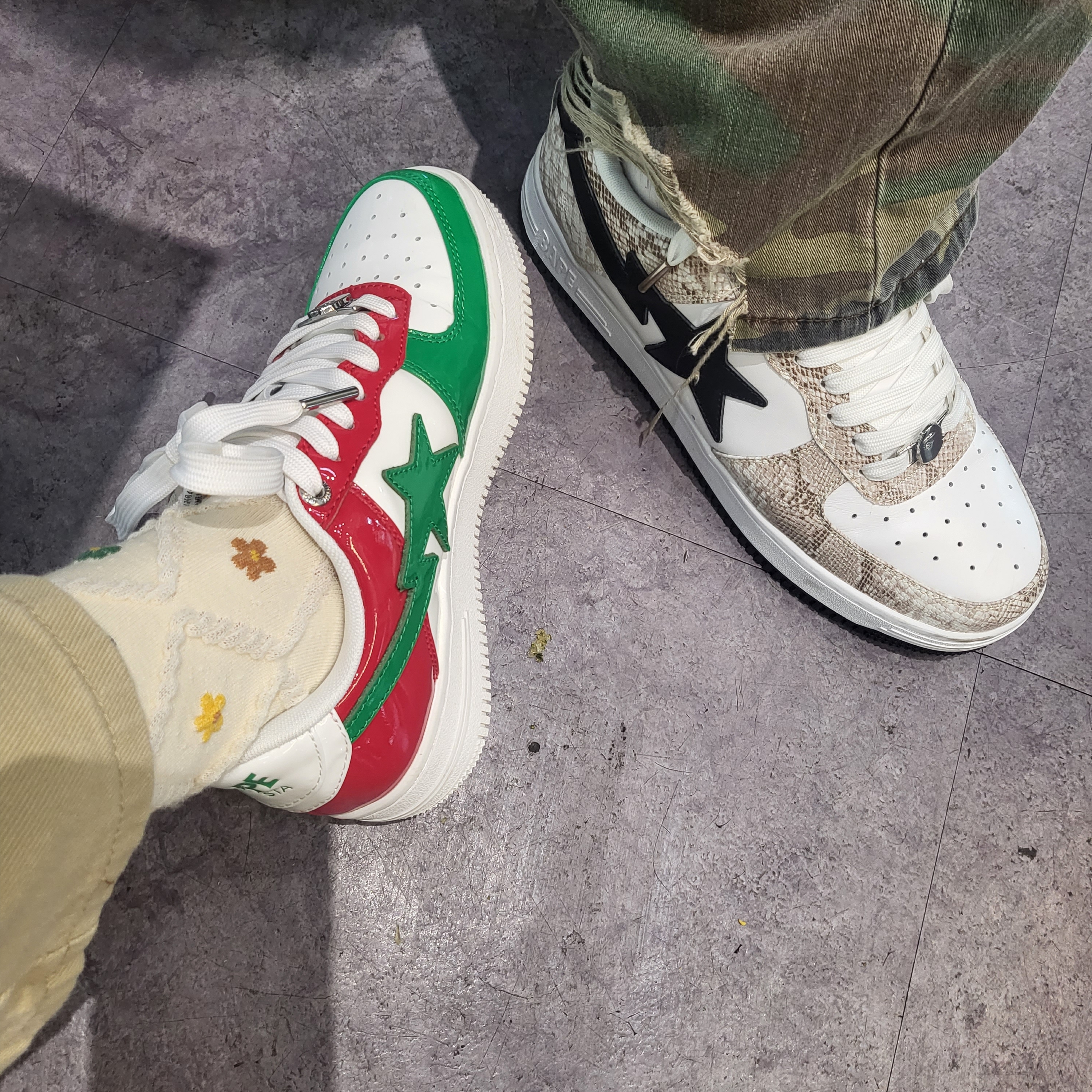 BAPE Bape Sta Low M1 Autumn Green, BAPE Snake Bape Sta Low M1 Beige 착용 스타일