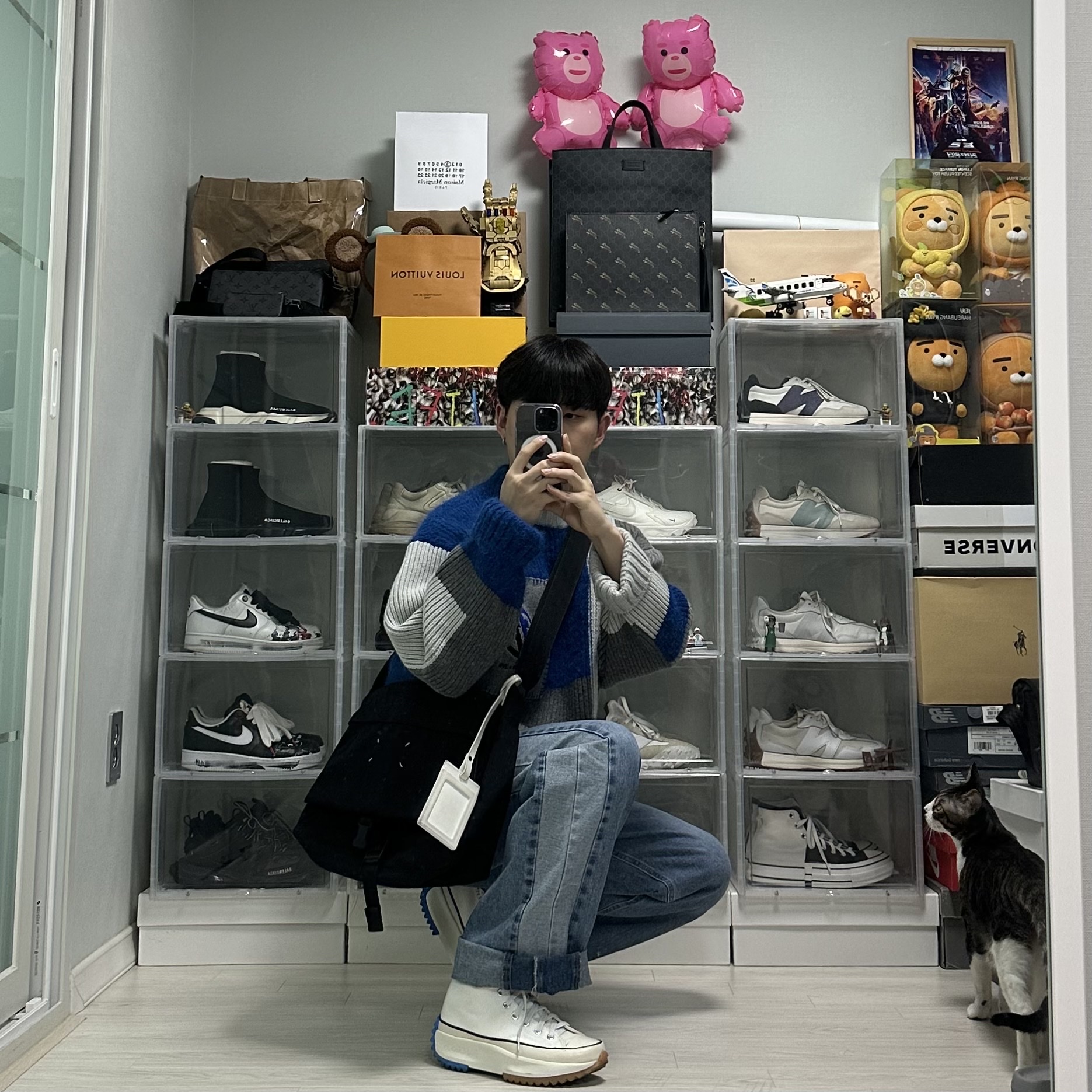 Zara x Ader Error Patchwork Oversize Knit Sweater Multicolor, Converse x JW Anderson Run Star Hike Hi White 착용 스타일 - 4