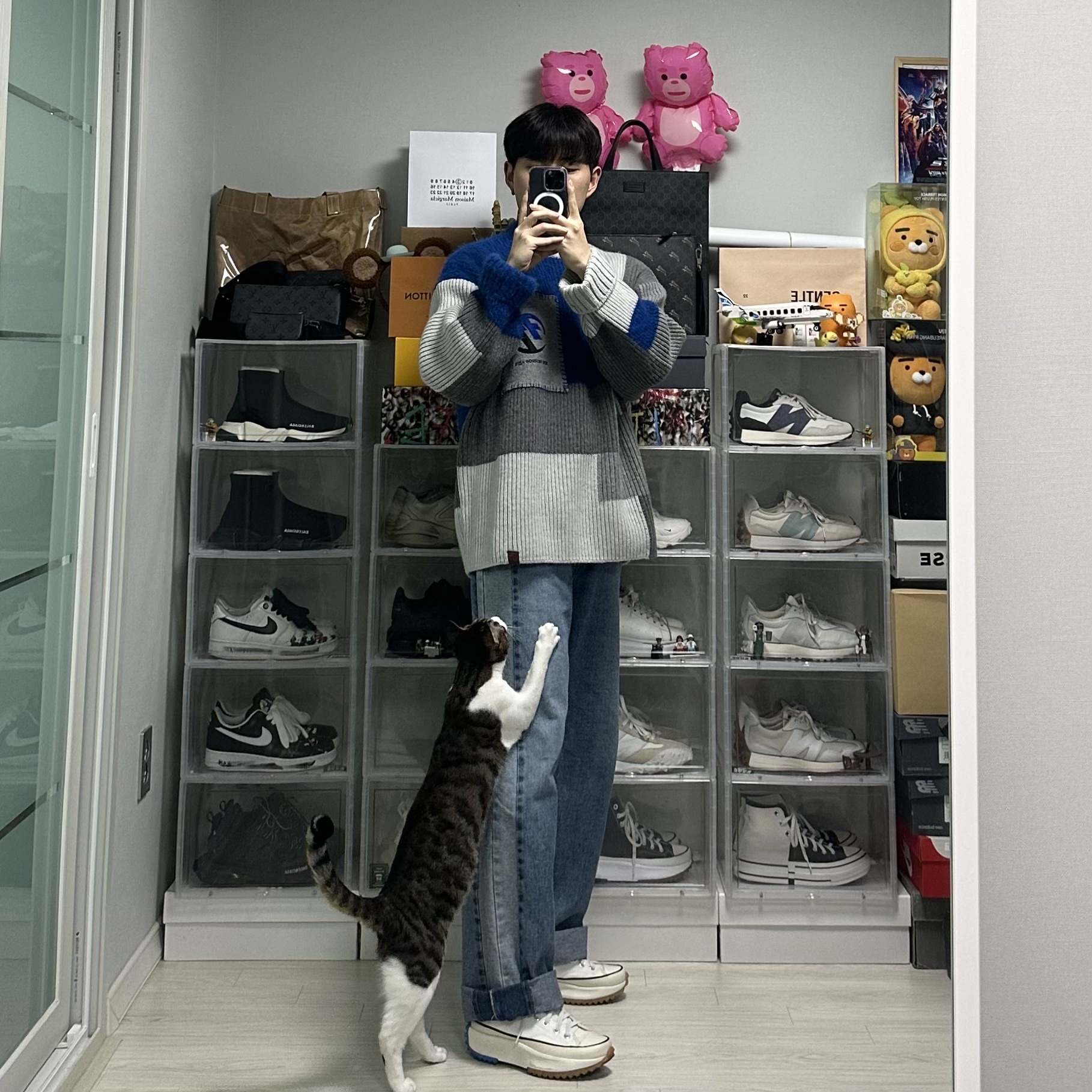 Zara x Ader Error Patchwork Oversize Knit Sweater Multicolor, Converse x JW Anderson Run Star Hike Hi White 착용 스타일 - 3
