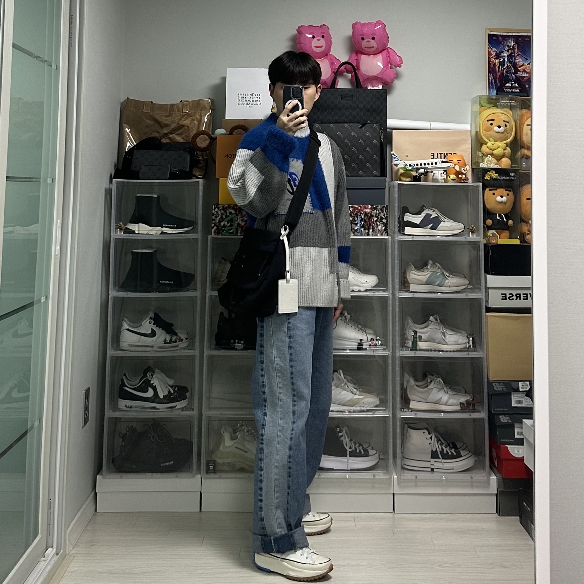 Zara x Ader Error Patchwork Oversize Knit Sweater Multicolor, Converse x JW Anderson Run Star Hike Hi White 착용 스타일 - 2