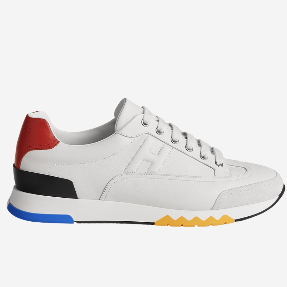 Hermes Trail Sneakers Calfskin Suede Goatskin & Multicolore Blanc 착용 스타일