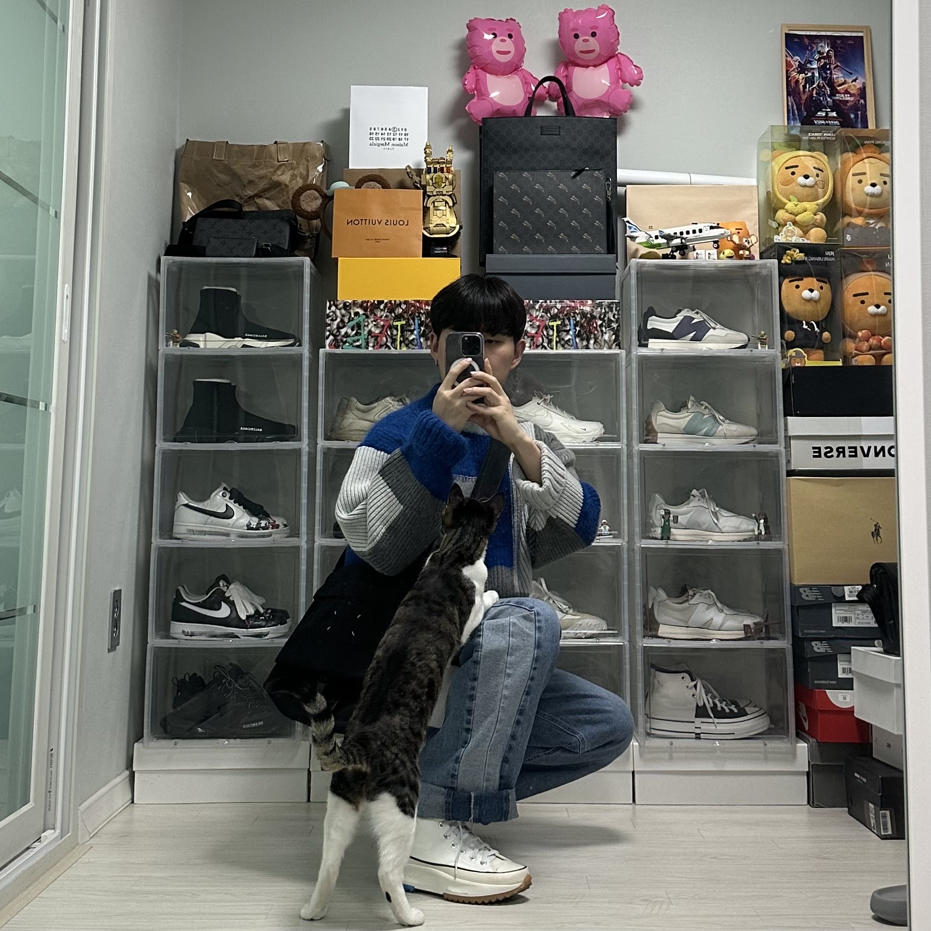 Zara x Ader Error Patchwork Oversize Knit Sweater Multicolor, Converse x JW Anderson Run Star Hike Hi White 착용 스타일 - 5