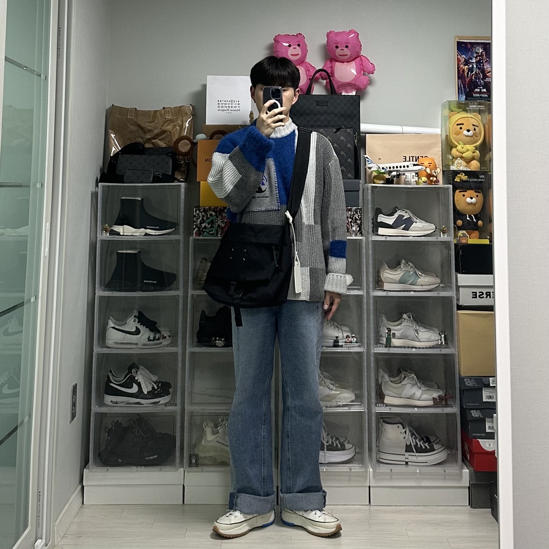 Zara x Ader Error Patchwork Oversize Knit Sweater Multicolor, Converse x JW Anderson Run Star Hike Hi White 착용 스타일 - 1