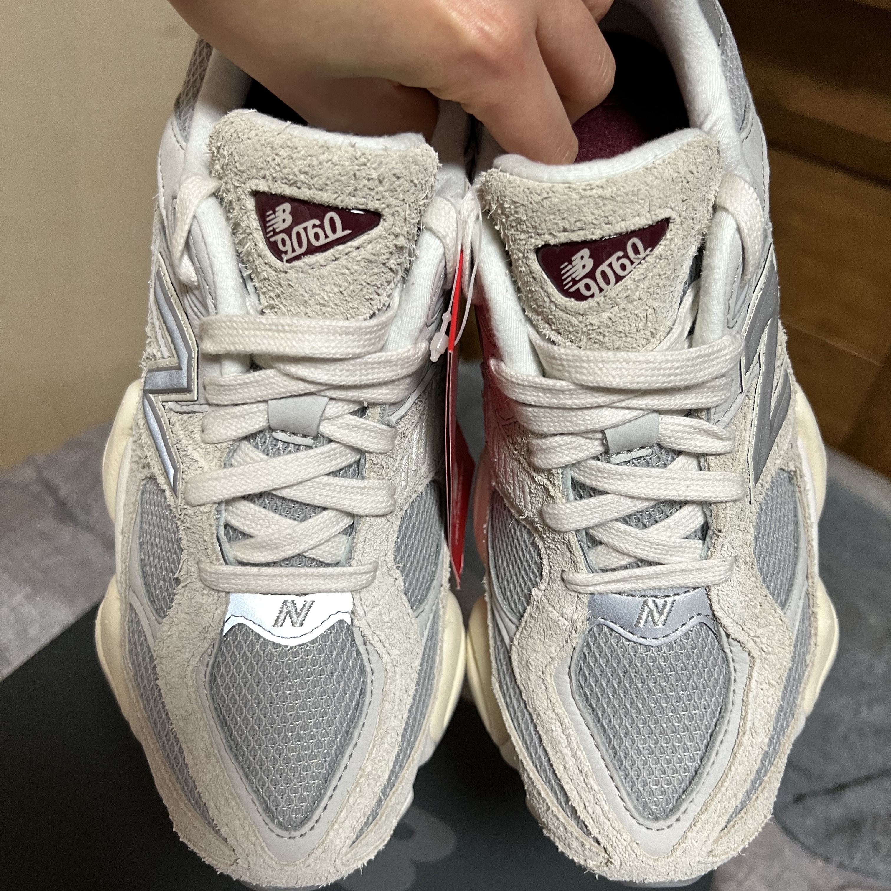 New Balance 9060 Lunar New Year Timberwolf Rain Cloud 착용 스타일