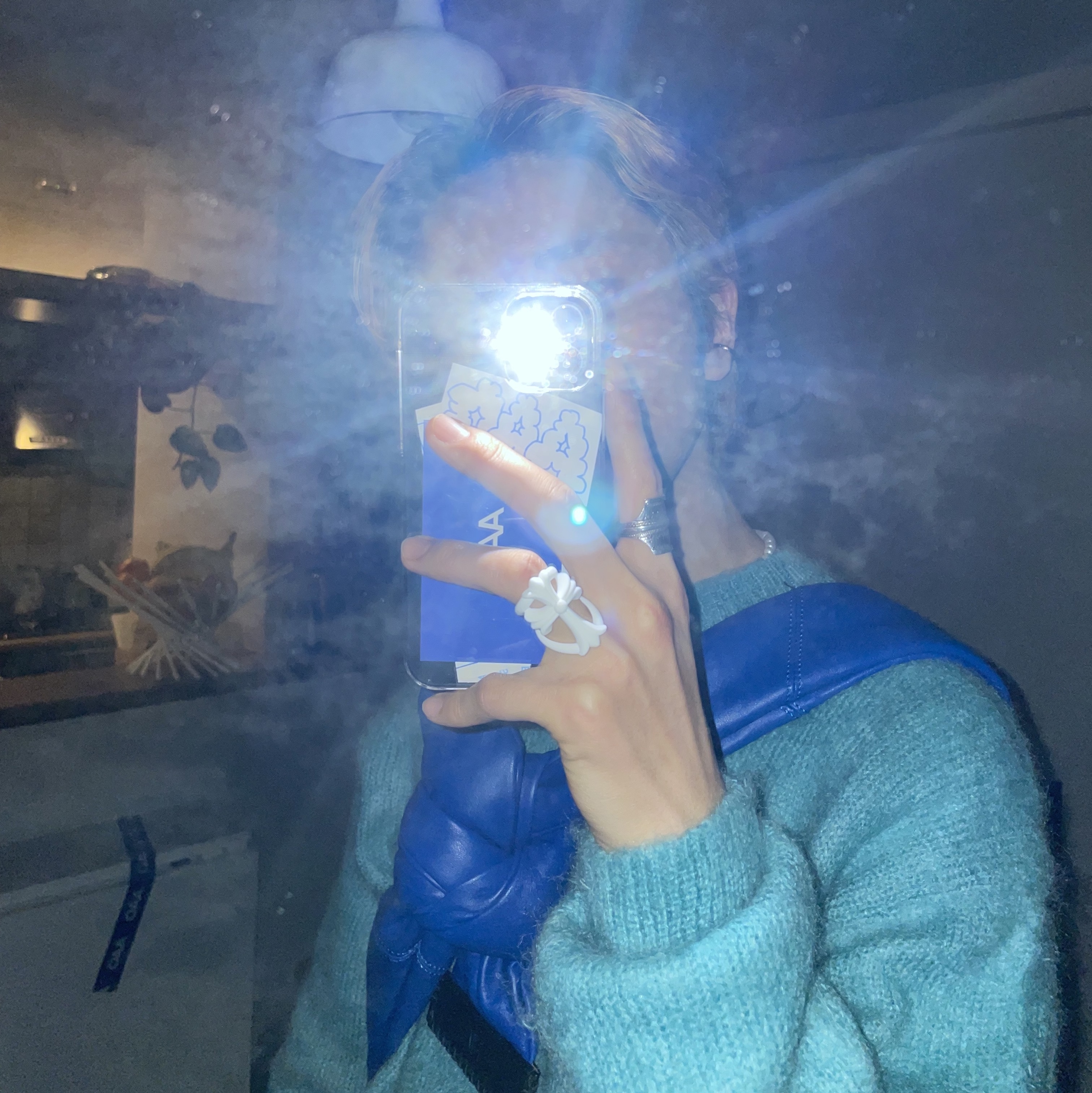 Ader Error x Zara Leather Shoulder Bag with Knot Blue, Auralee Brushed Super Kid Mohair Knit Pull Over Blue - 22AW 착용 스타일 - 2