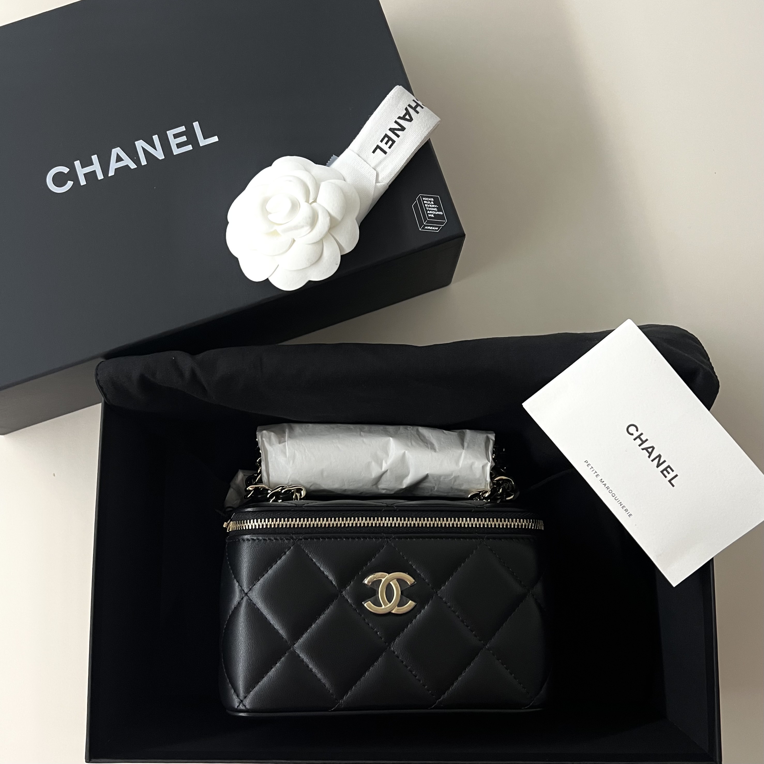 Chanel Vanity with Big Chain Lambskin Plexi & Gold Black 착용 스타일 - 1