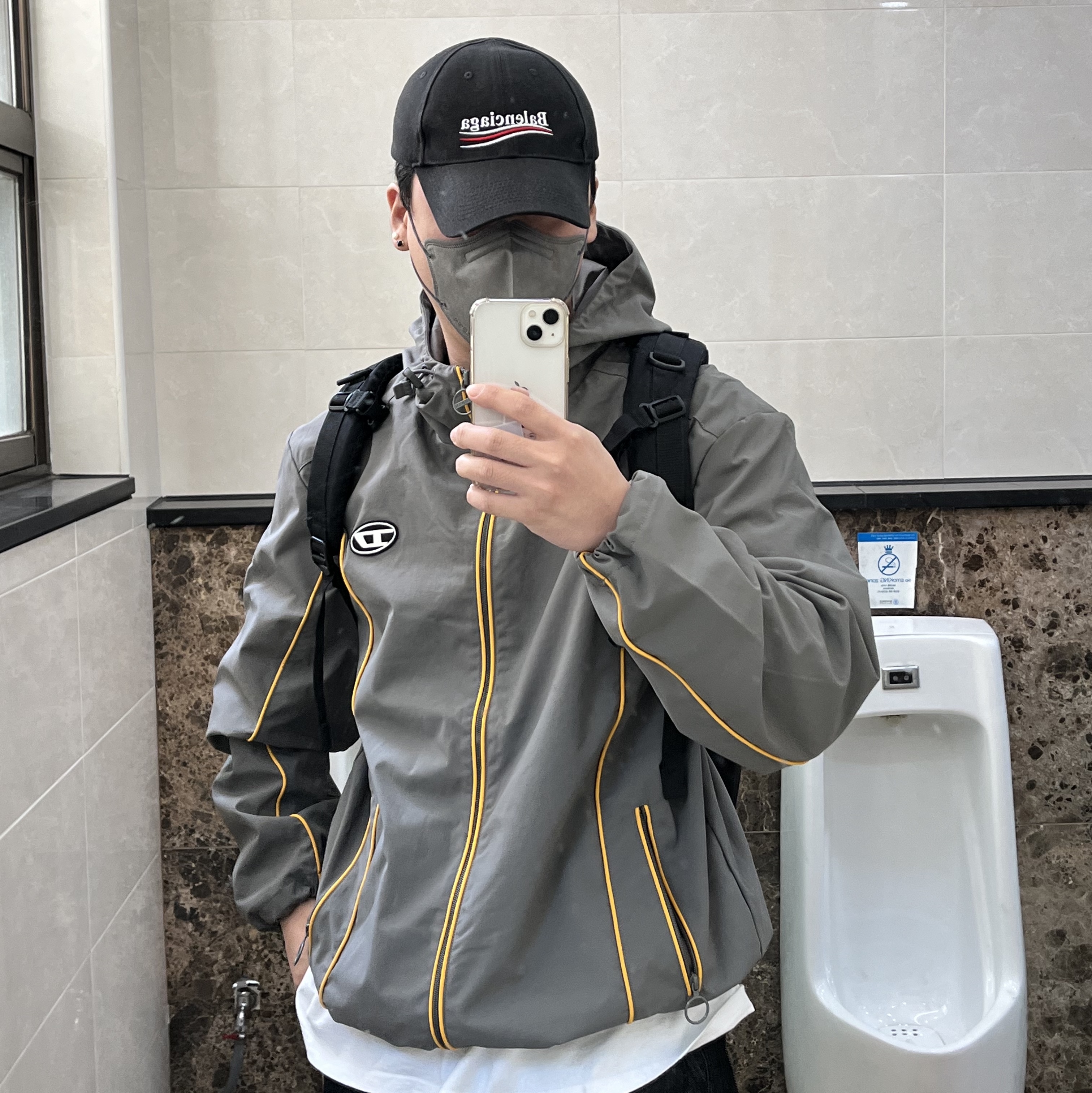 Diesel J-Hives Windbreaker with Contrast Piping Grey, Palace Cordura Double Diamond Backpack Black - 21FW 착용 스타일