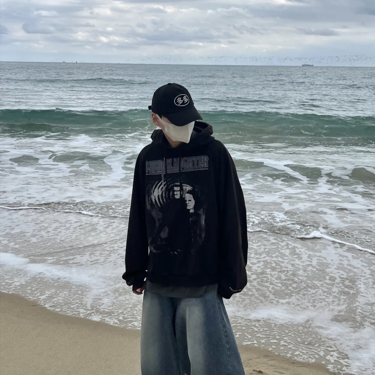 Project G/R Mind Slaughter Vintage Washeed Hoodie Black, Dada Logo Cap Black White 착용 스타일 - 4