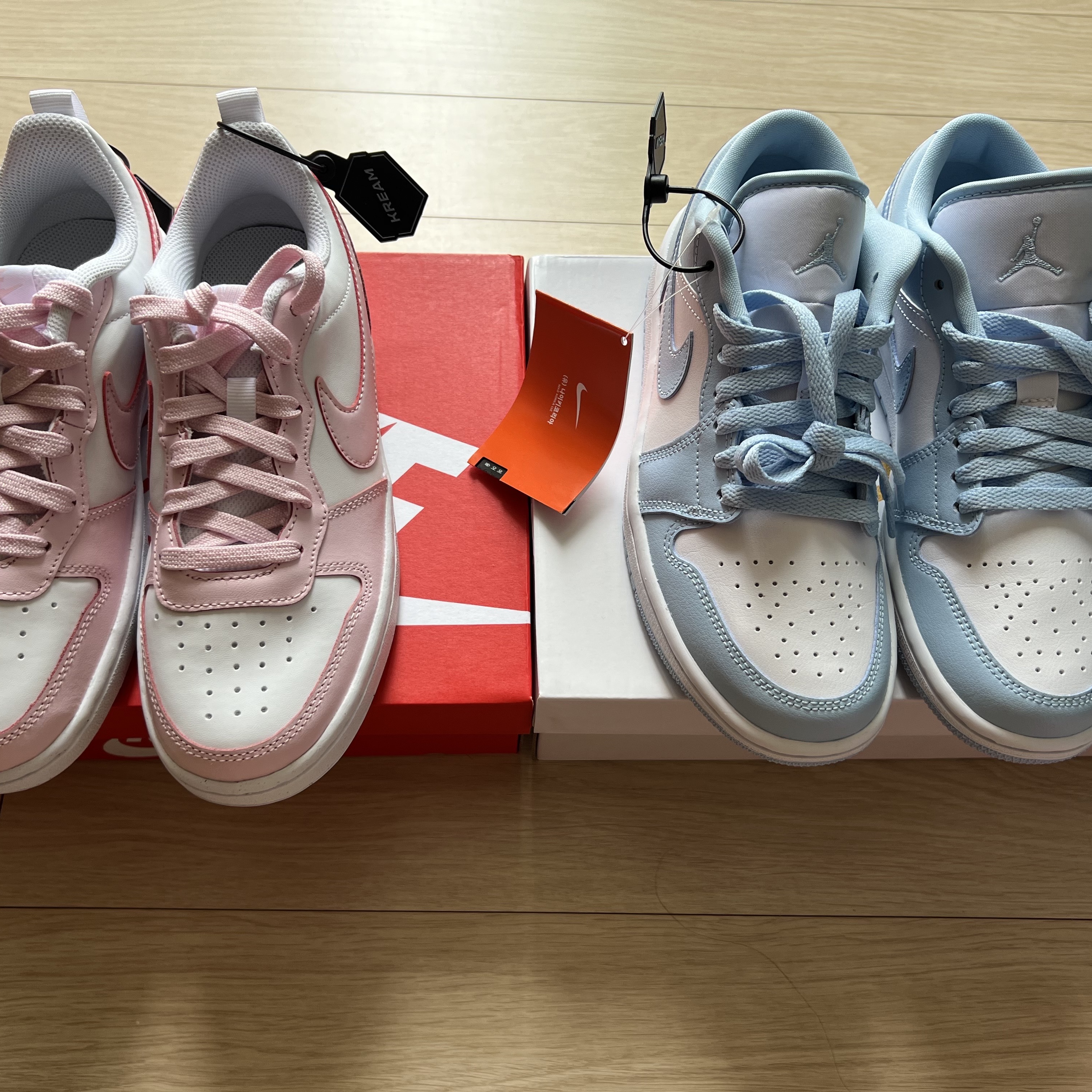 (GS) Nike Court Borough 2 SE White Pink Foam, (W) Jordan 1 Low White Ice Blue 착용 스타일 - 4