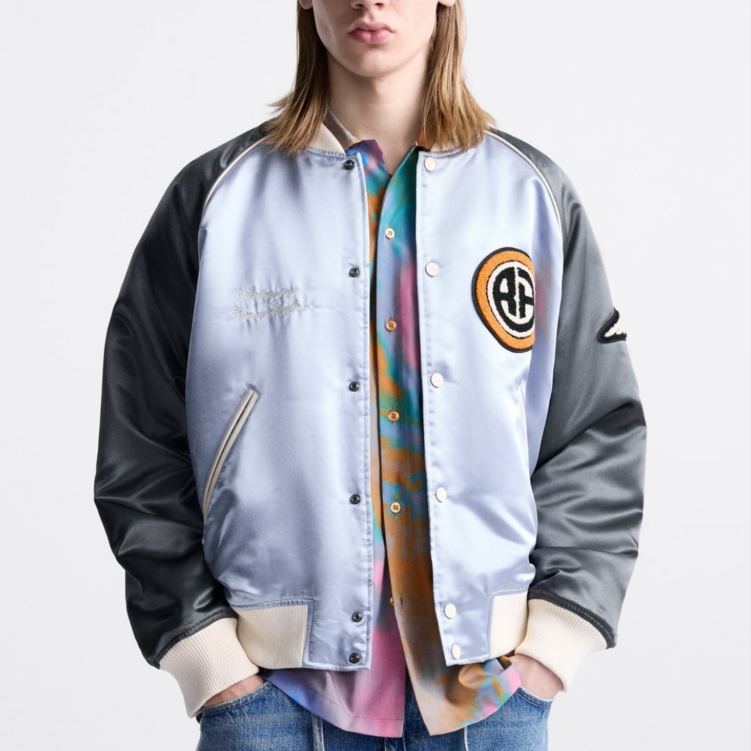 Zara x Rhuigi Satin Bomber Jacket Blue Grey 착용 스타일