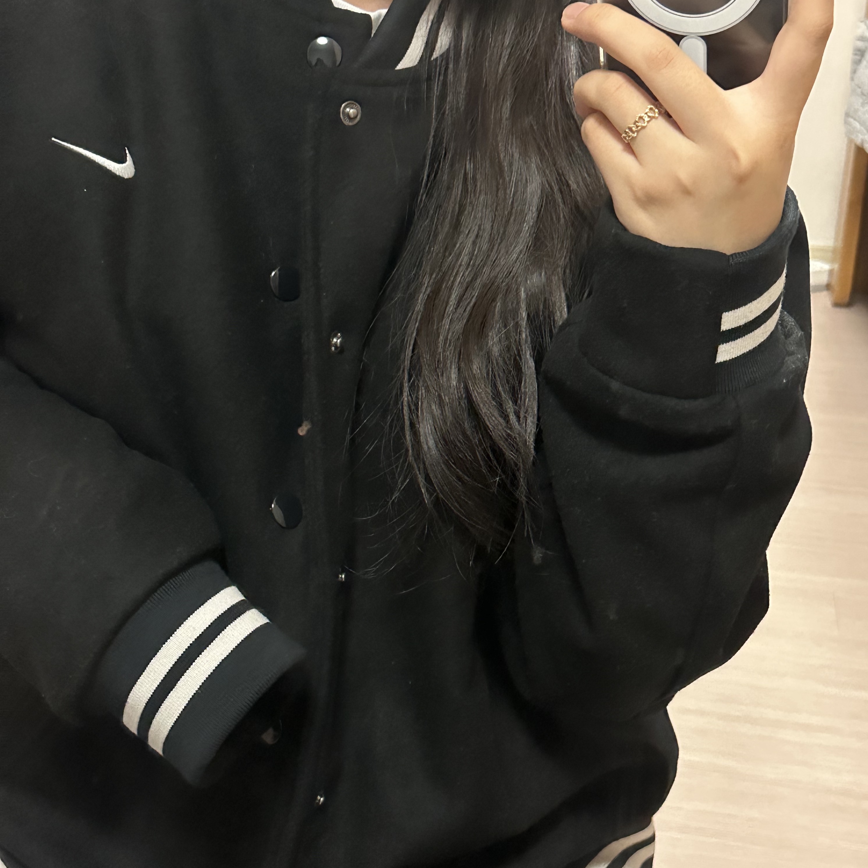 Nike NSW Authentics Varsity Jacket Black - Asia 착용 스타일 - 2