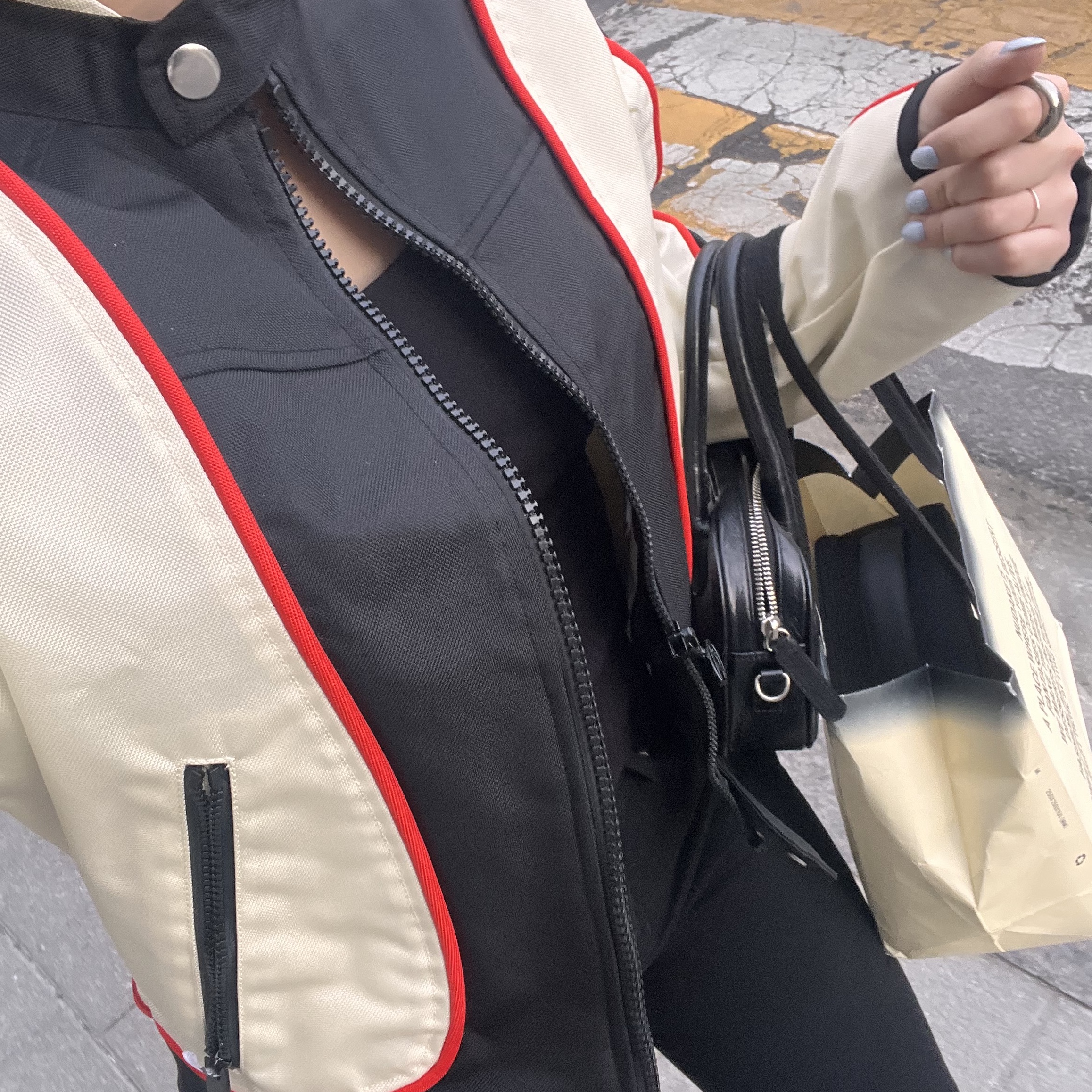 Diesel J-Blink Biker Jacket in Colour-Block Nylon Black White 착용 스타일 - 1