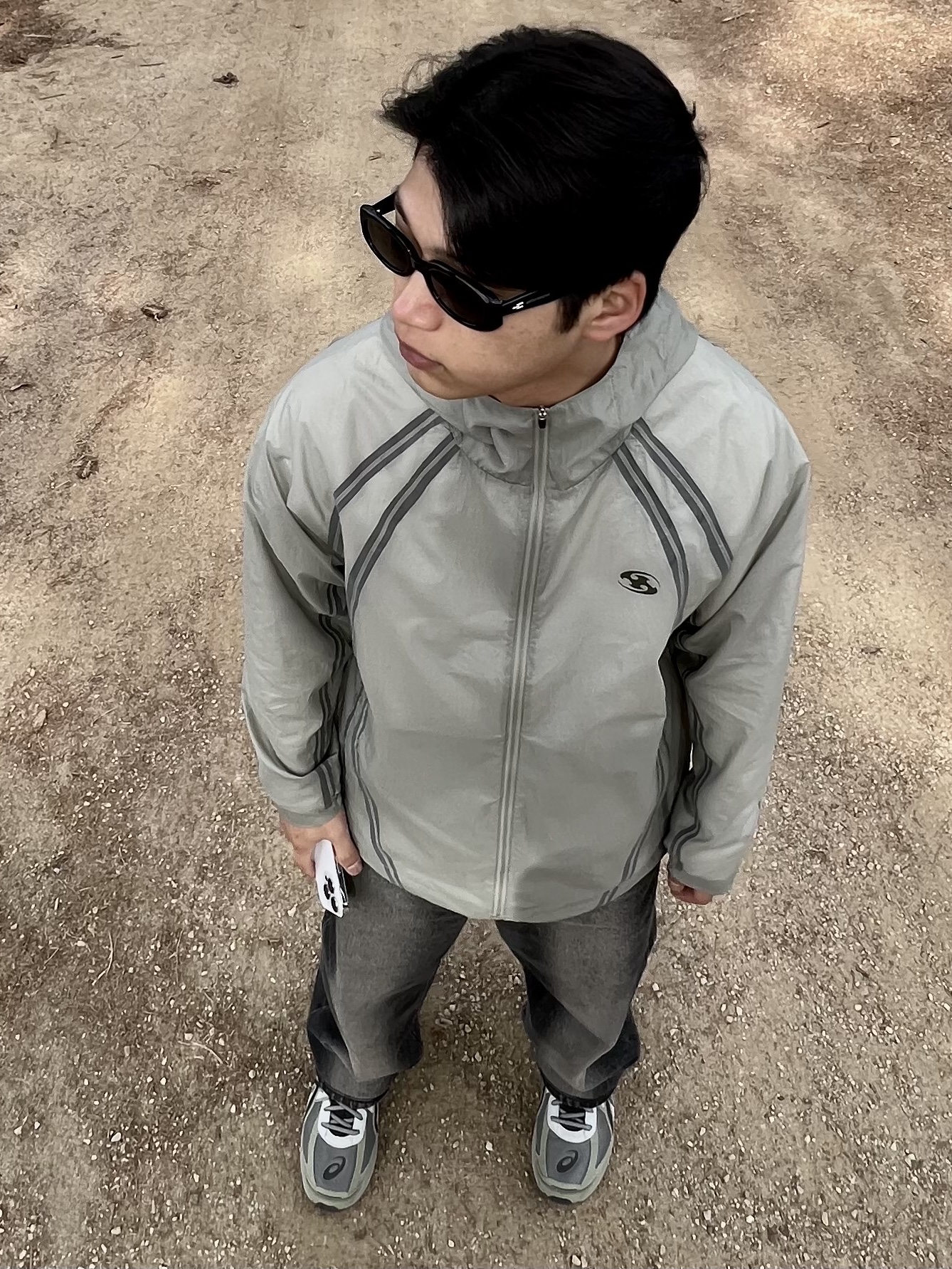 Sansan Gear Seam Sealing Jacket Jade - 22FW, Asics Jog 100 S Sheet Rock - 2E Wide 착용 스타일 - 2