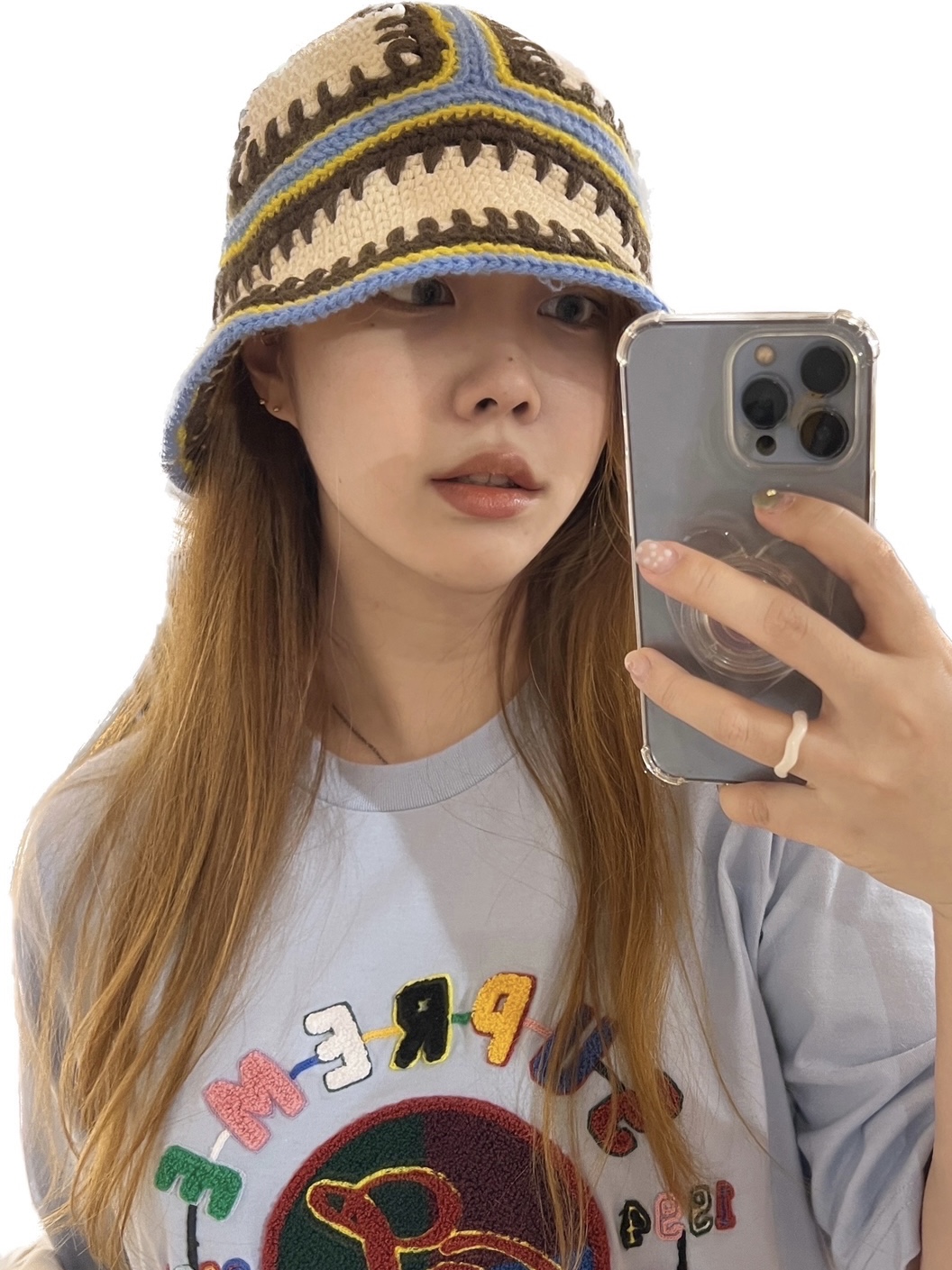Supreme Chenille Crest S/S Top Light Blue - 23SS, Supreme Crochet Edge Bell Hat Natural - 23SS 착용 스타일 - 1