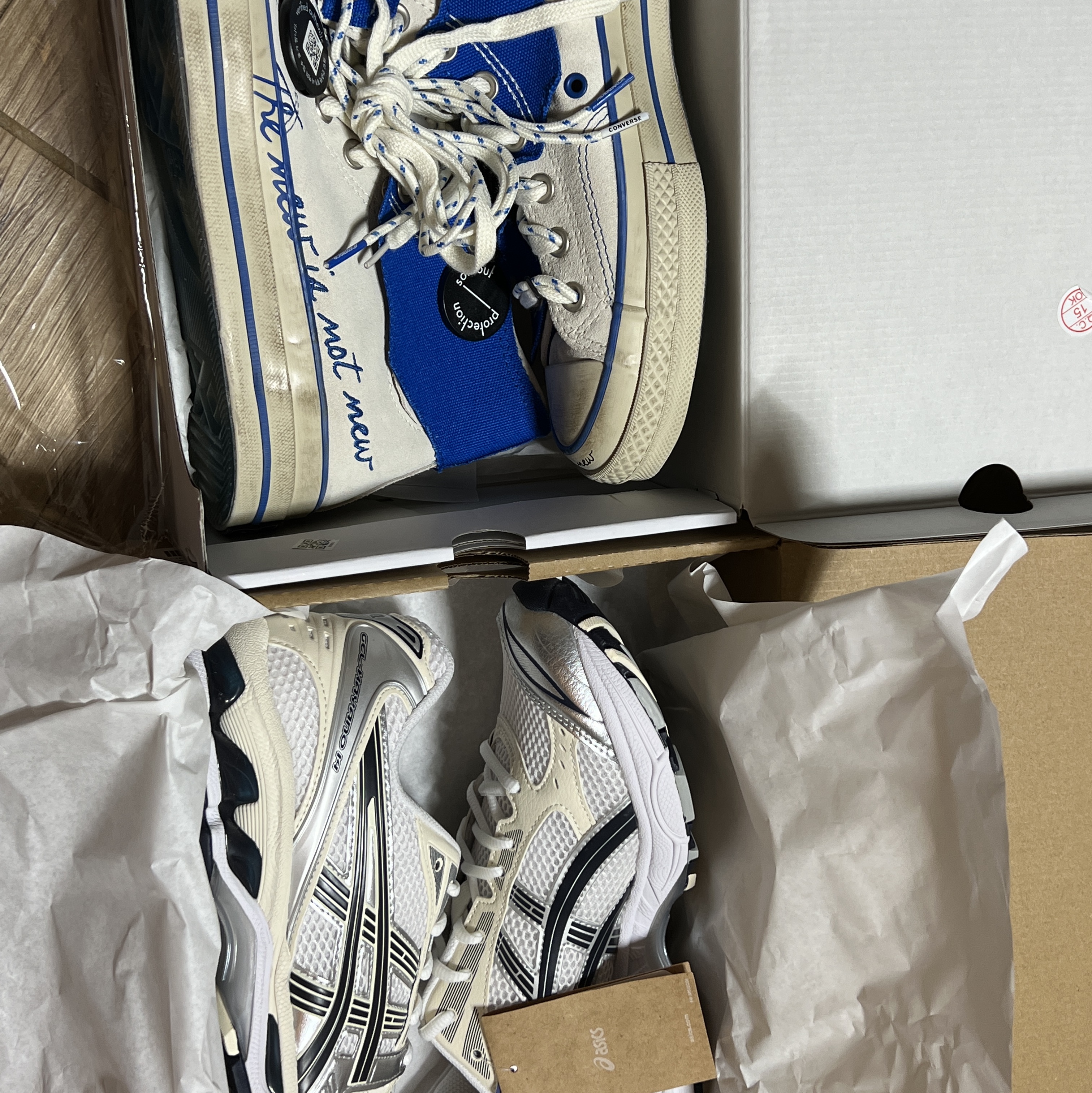 (W) Asics Gel-Kayano 14 White Midnight, Converse x Ader Error Chuck 70 High White 착용 스타일 - 3
