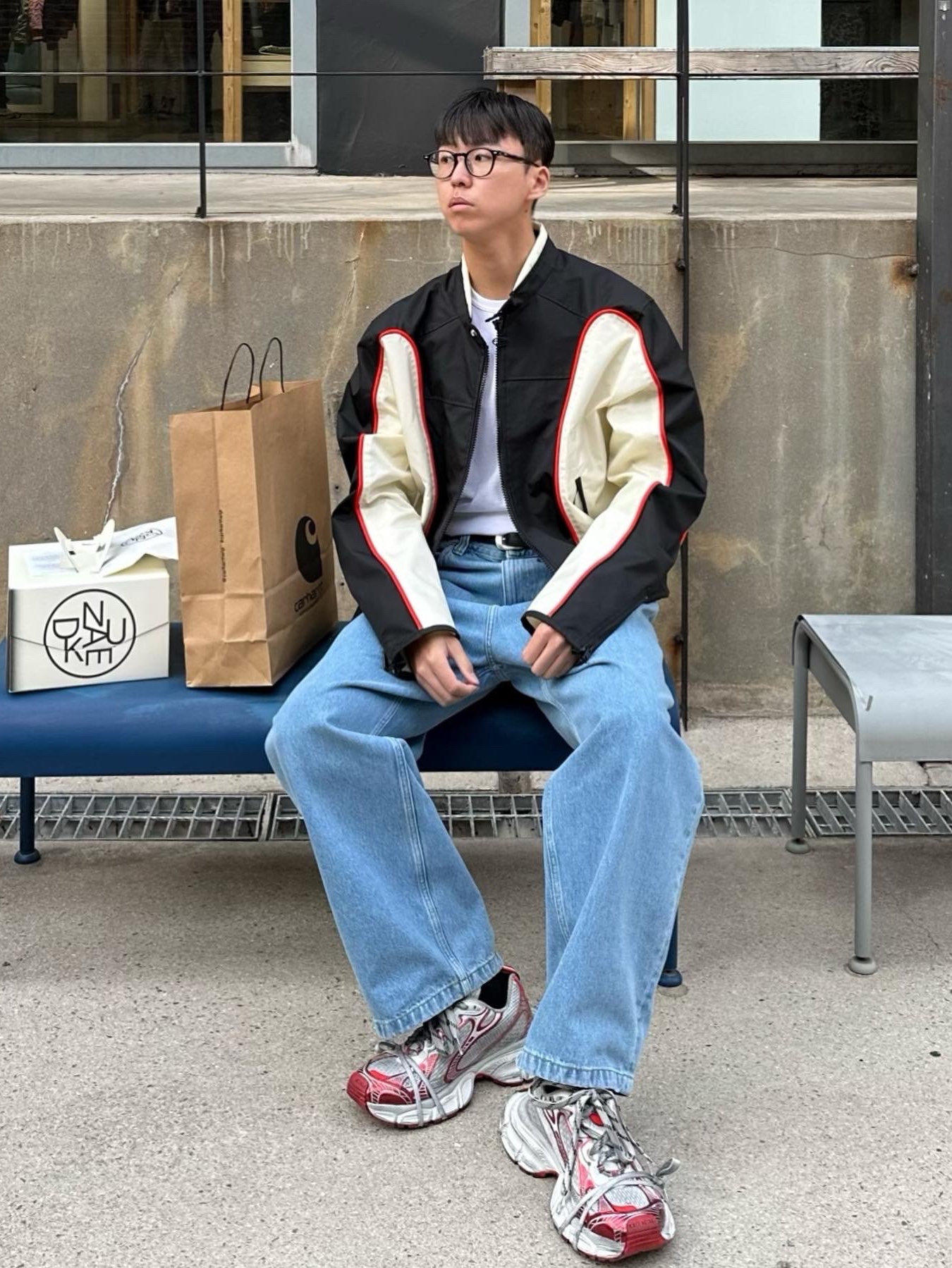 Diesel J-Blink Biker Jacket in Colour-Block Nylon Black White, Balenciaga 3XL Sneakers White Red 착용 스타일