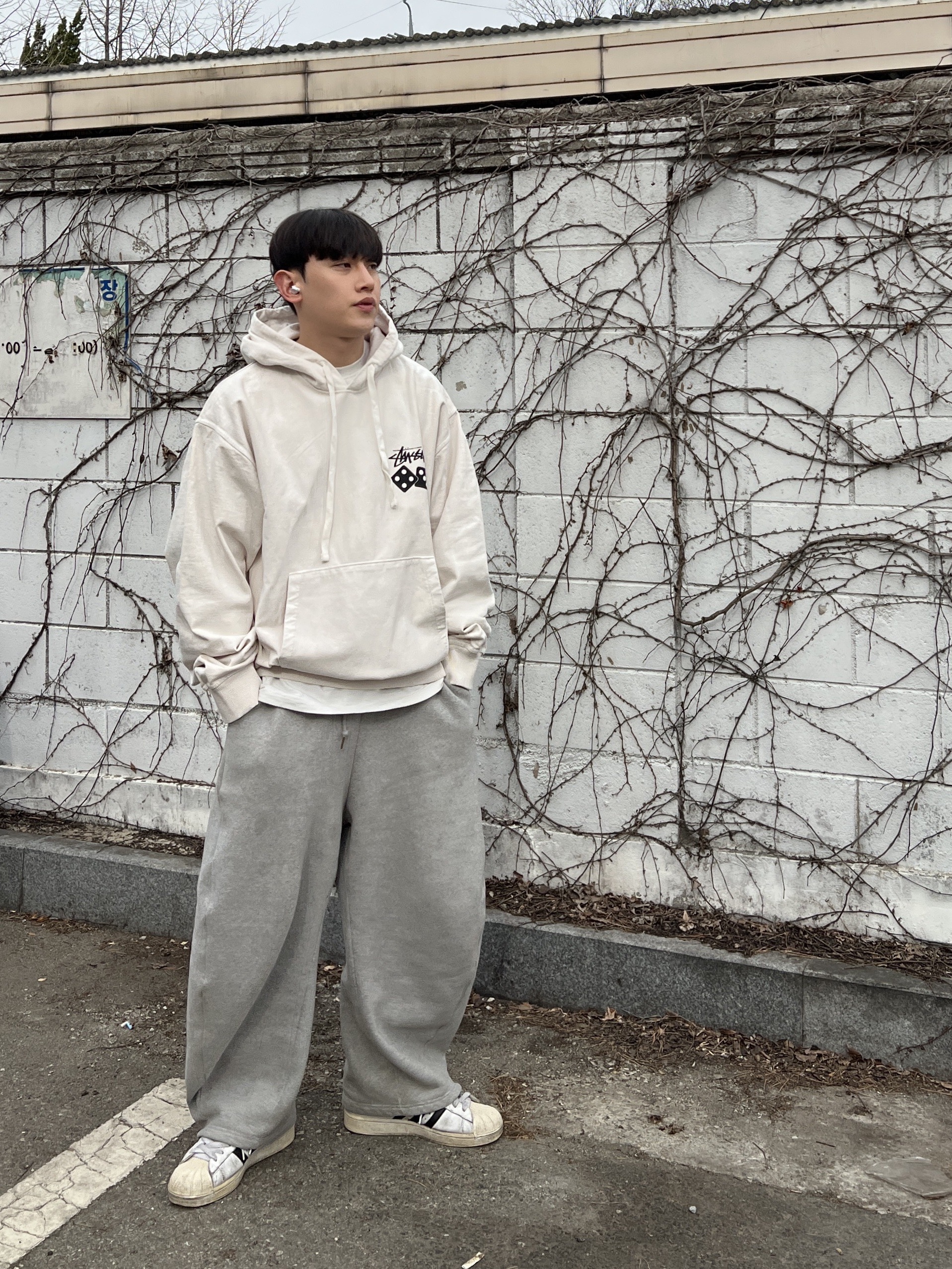 Stussy Dice Pigment Dyed Hoodie Natural 착용 스타일 - 3