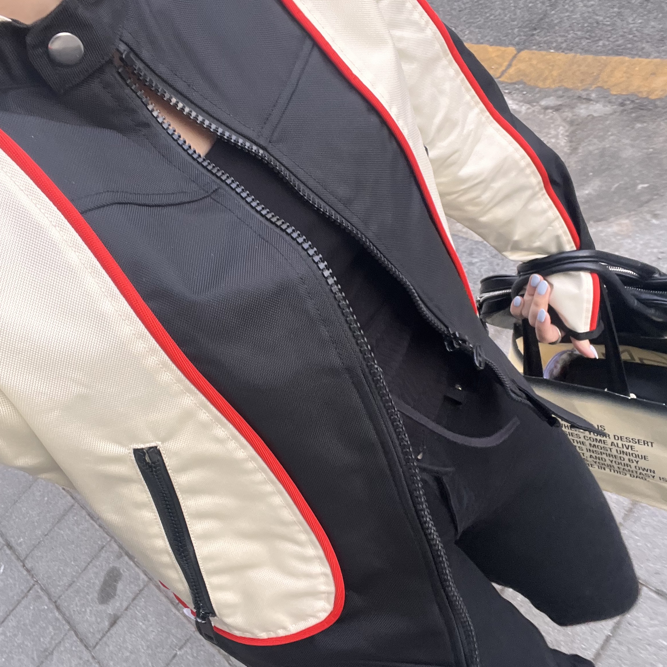 Diesel J-Blink Biker Jacket in Colour-Block Nylon Black White 착용 스타일 - 2