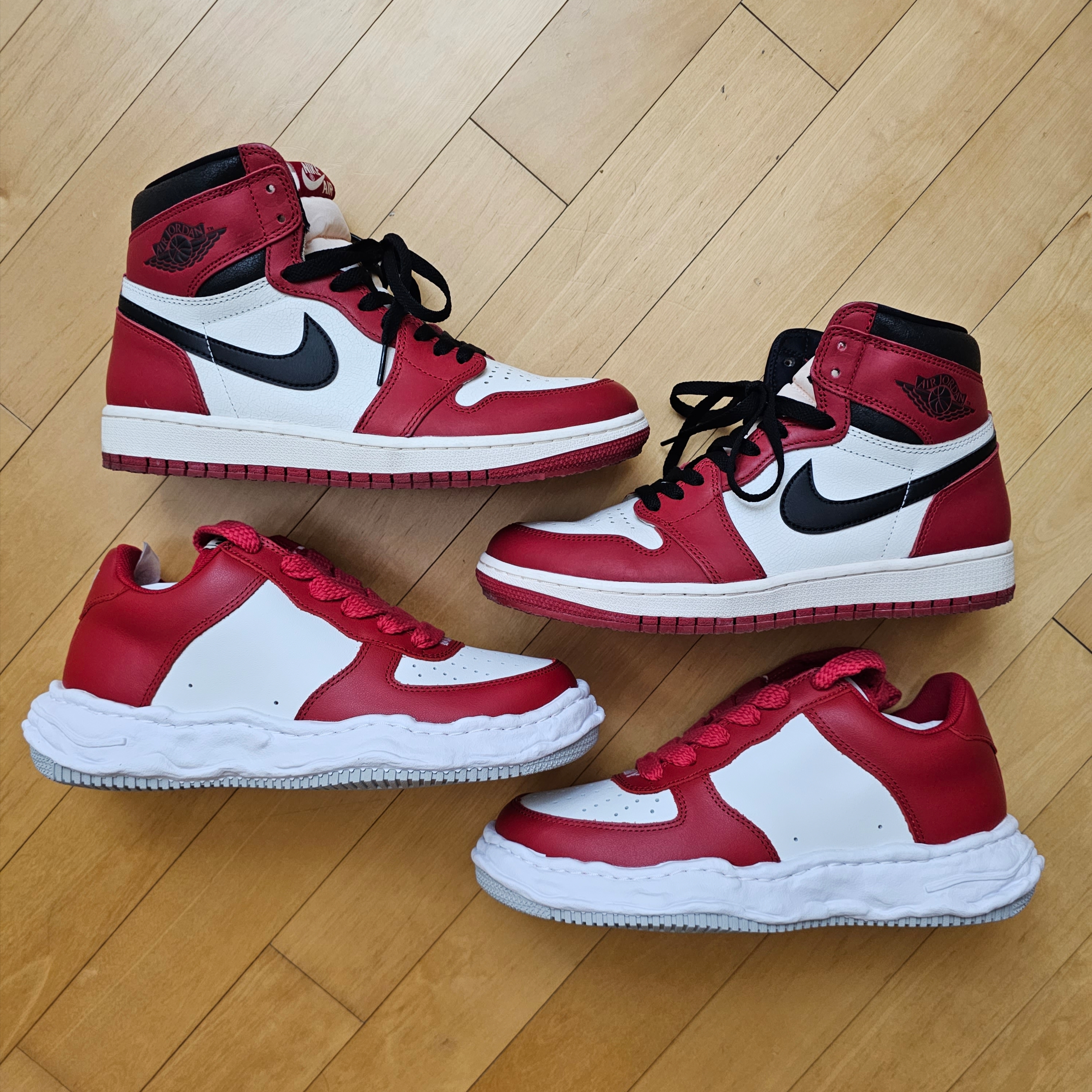 Maison Mihara Yasuhiro Wayne OG Sole Leather Low-top Sneakers Red, Jordan 1 Retro High OG Chicago 2022 착용 스타일 - 5