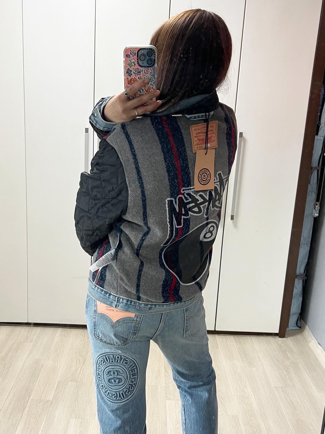 Stussy x Levi's Embossed Trucker Jacket Indigo, Stussy x Levi's Embossed 501 Jean Indigo 착용 스타일 - 1