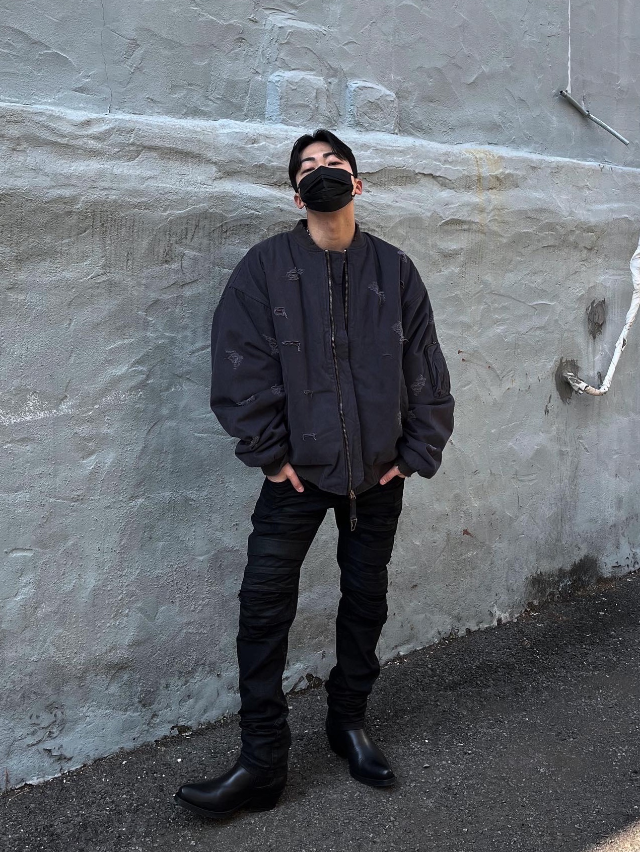 Undermycar Dtrange Dead Starange Destroyed Bomber Sparrow - 23SS, Our Legacy Cuban Boot Black 착용 스타일