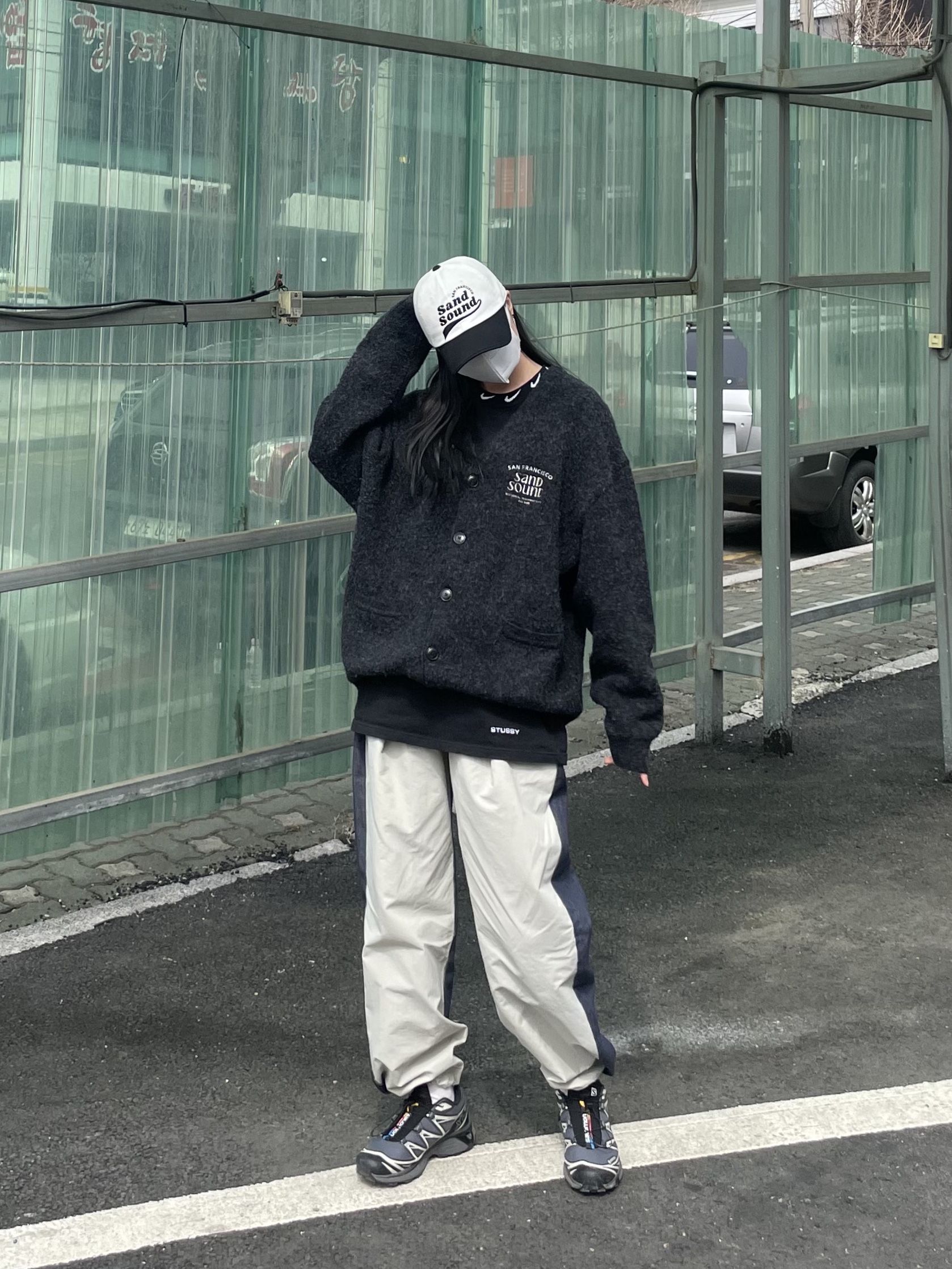 Salomon XT-6 Gore-Tex Black Ebony, Nike x Stussy NRG BR LS Knit Top 착용 스타일 - 2