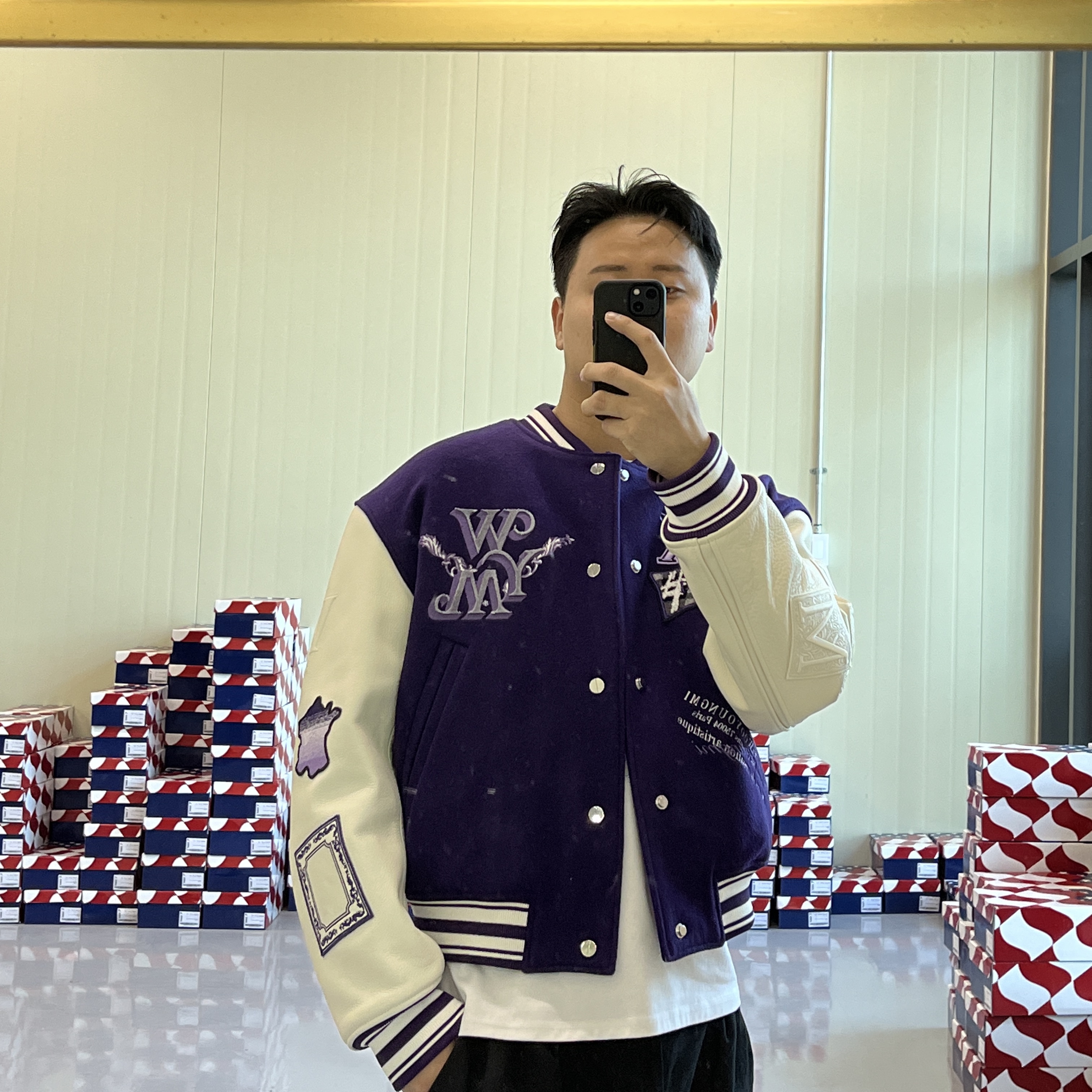 Wooyoungmi Varsity Jacket Violet - 23SS, Wooyoungmi Varsity Jacket Gray - 23SS 착용 스타일 - 2