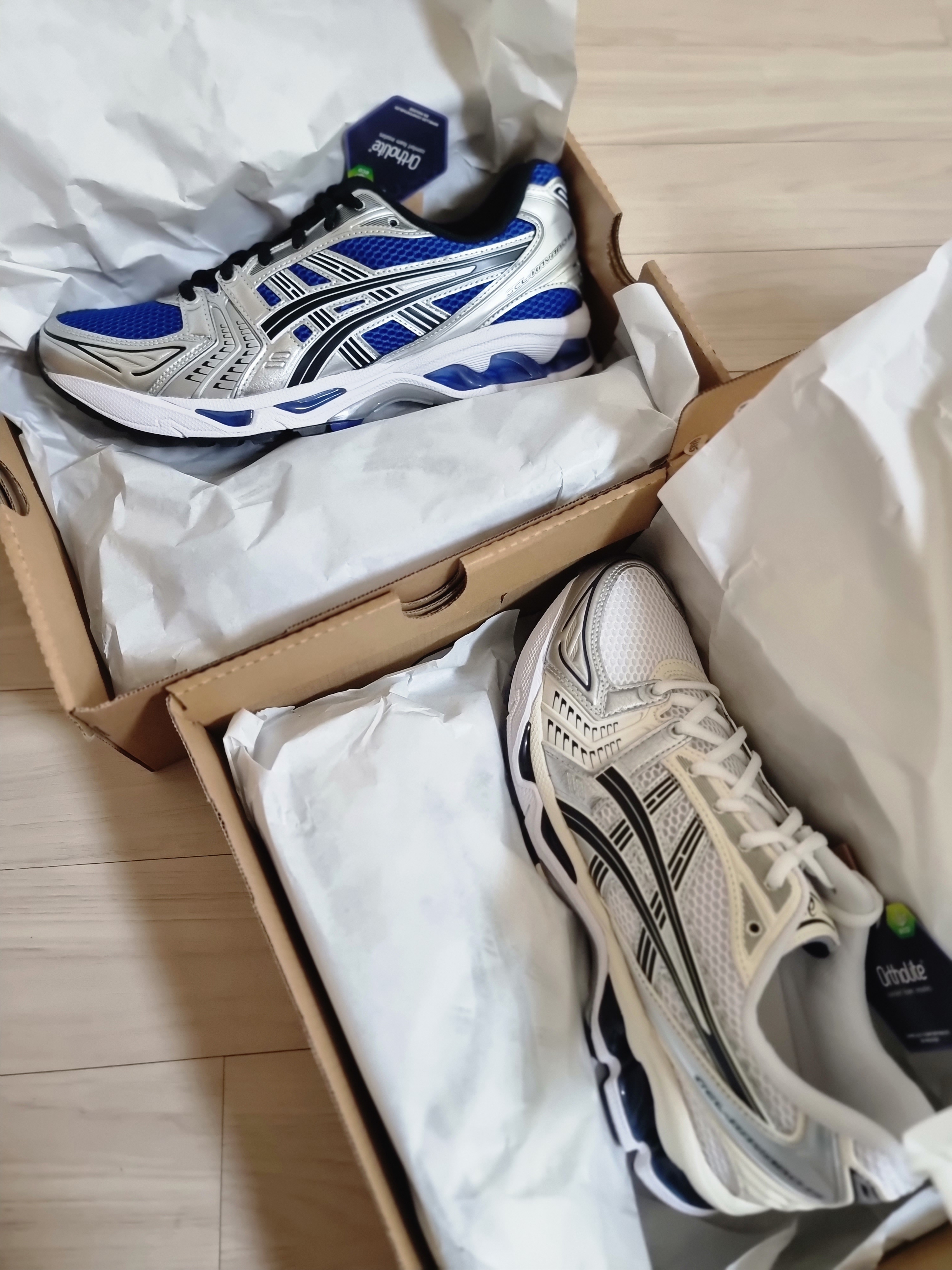 (W) Asics Gel-Kayano 14 White Midnight, Asics Gel-Kayano 14 Monaco Blue Black 착용 스타일