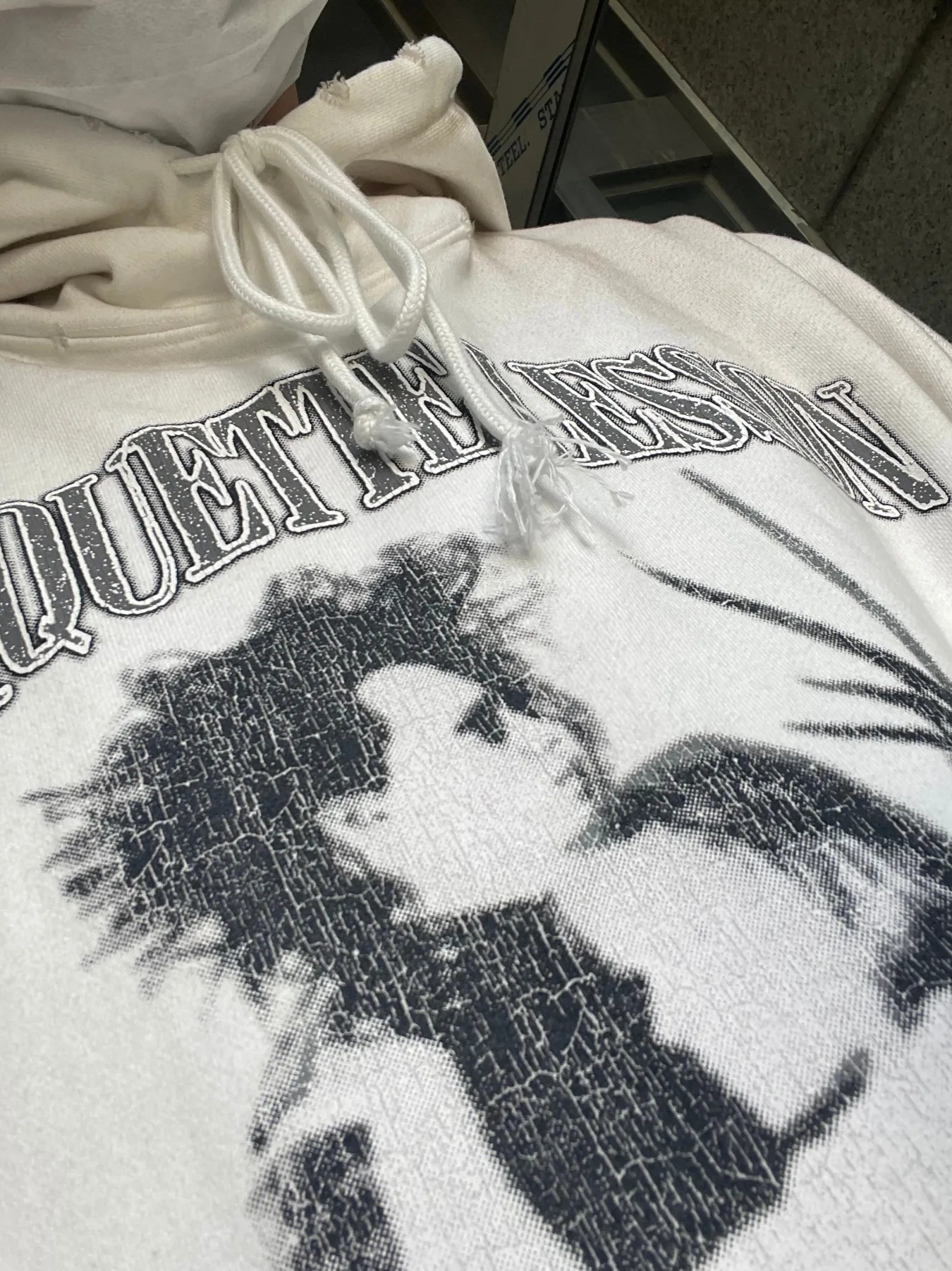 Project G/R x Atmos Etiquette Lesson Vintage Washed Hoodie White, Project G/R Flight Denim Pants Black 착용 스타일 - 5
