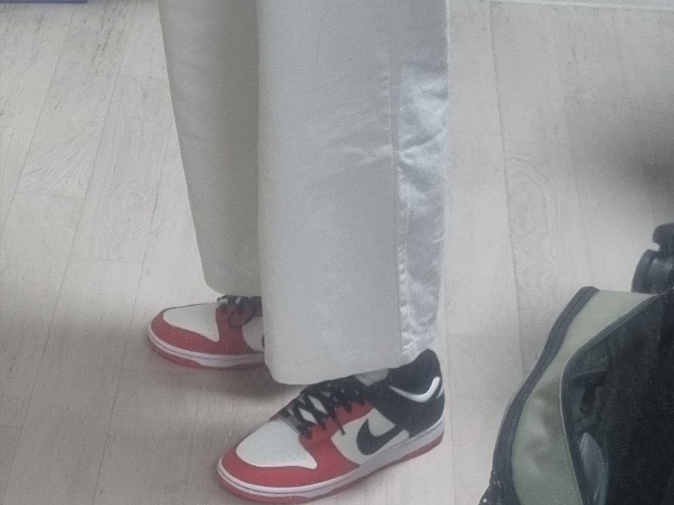 Nike x NBA Dunk Low Retro EMB Black and Chile Red, Jordan 1 Retro Low OG Black and Dark Powder Blue 착용 스타일 - 3