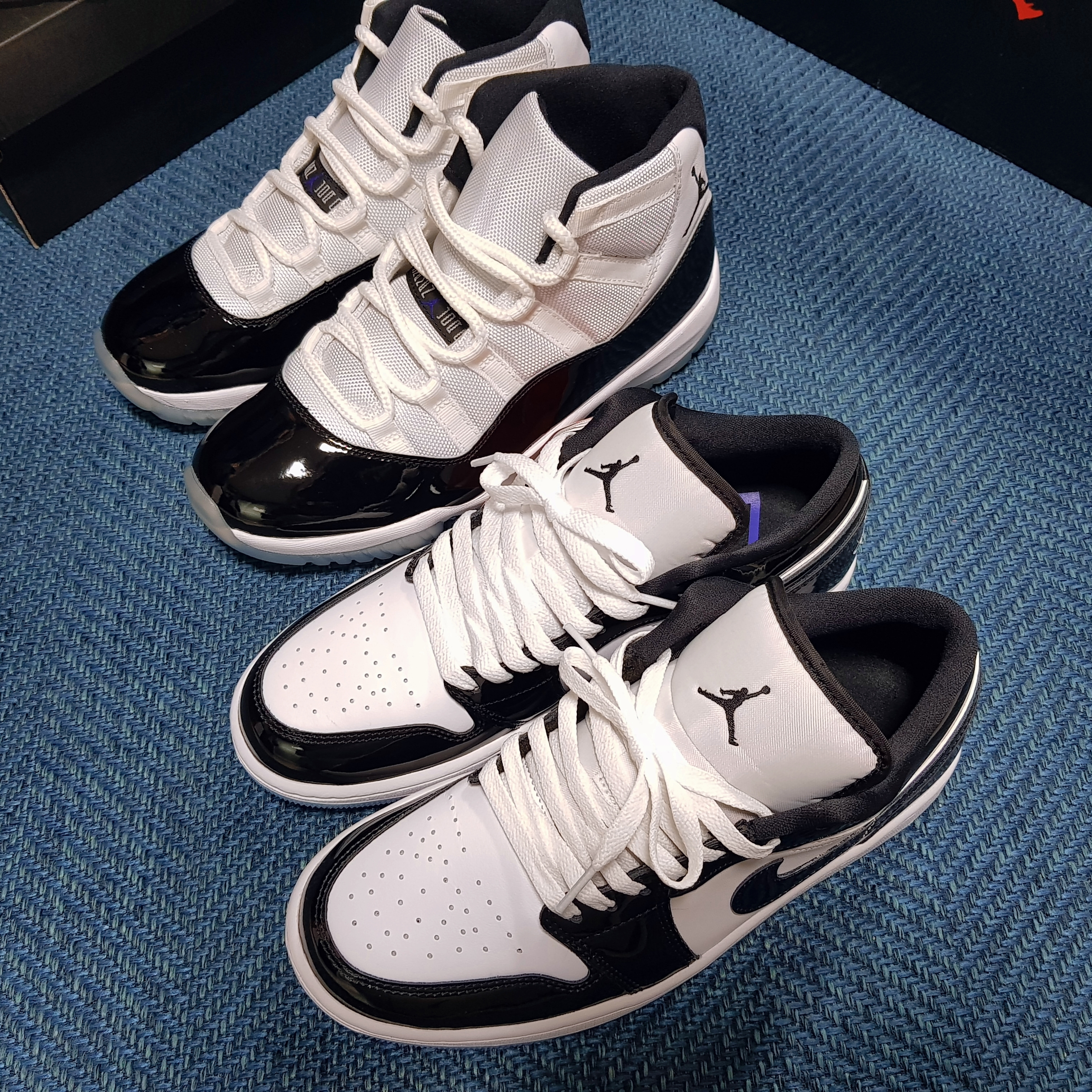 Jordan 1 Low SE Concord, Jordan 11 Retro Concord 2018 착용 스타일