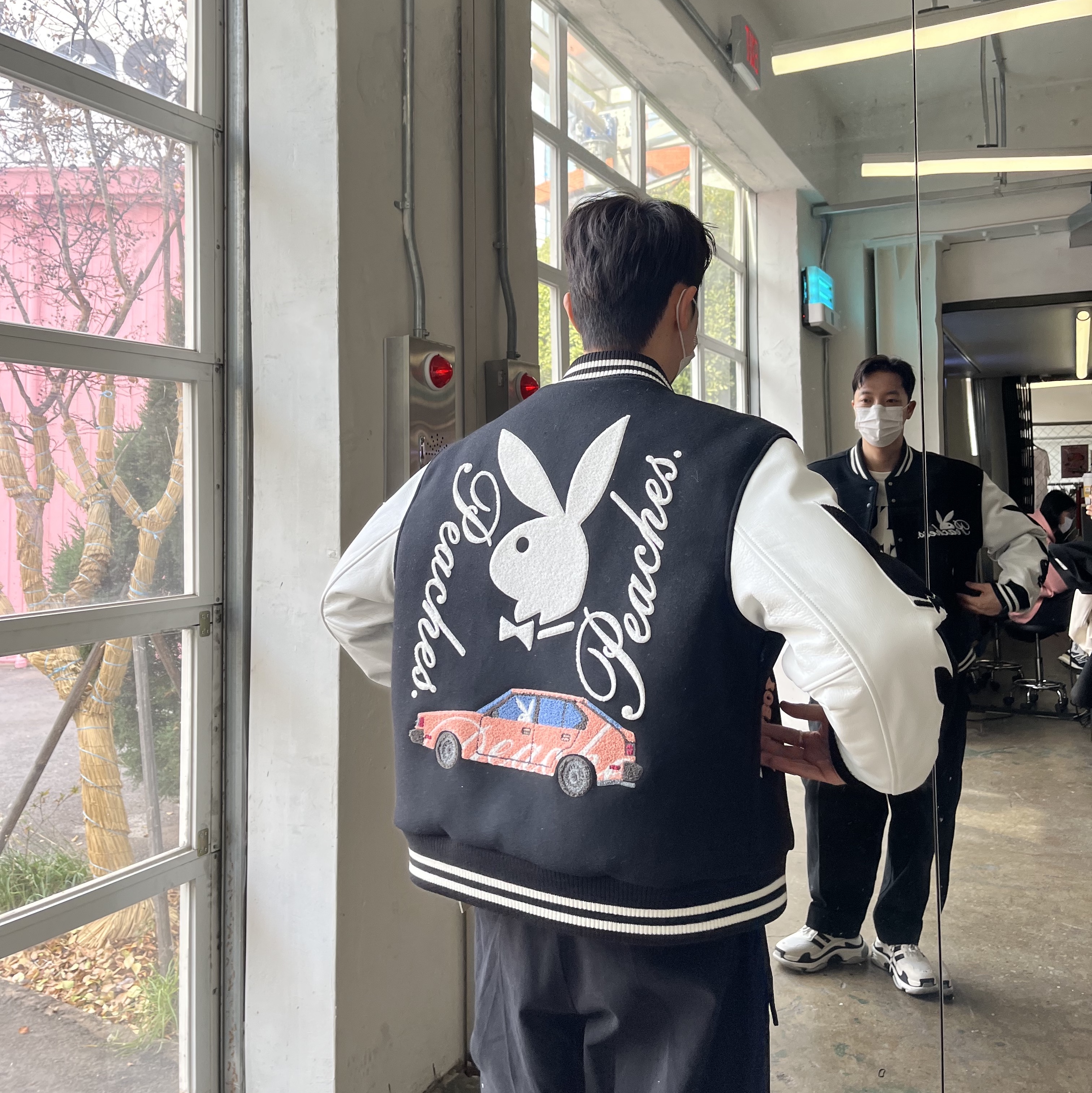 Peaches. x Playboy Clubhouse Varsity Jacket F&F Black Edition, Balenciaga x Adidas Triple S Sneakers White Black 착용 스타일 - 1